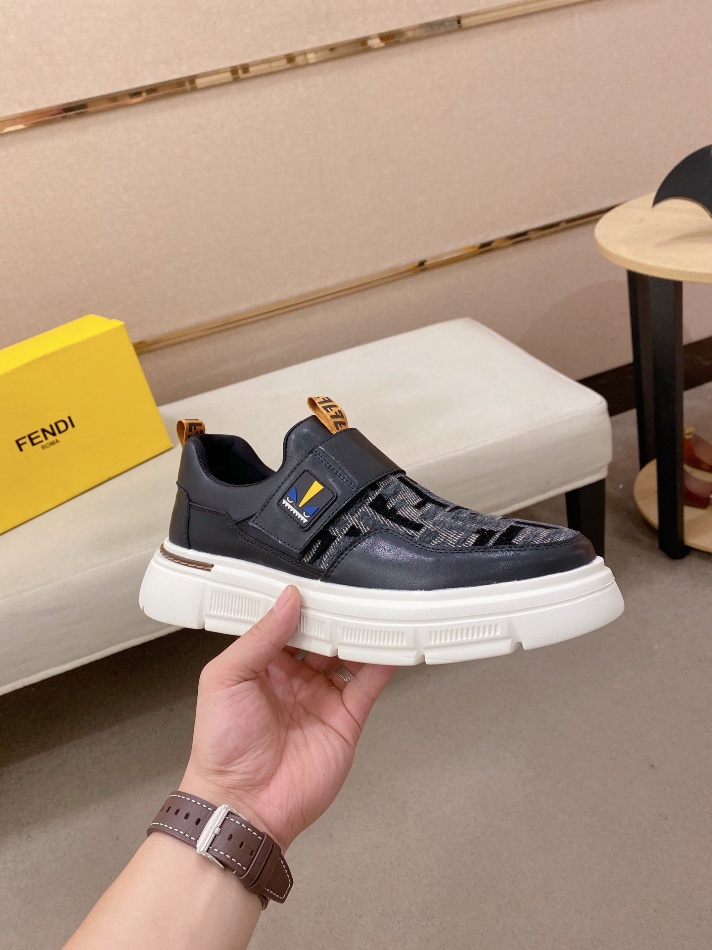 Fendi Leather Knit Slip-On Sneaker Black