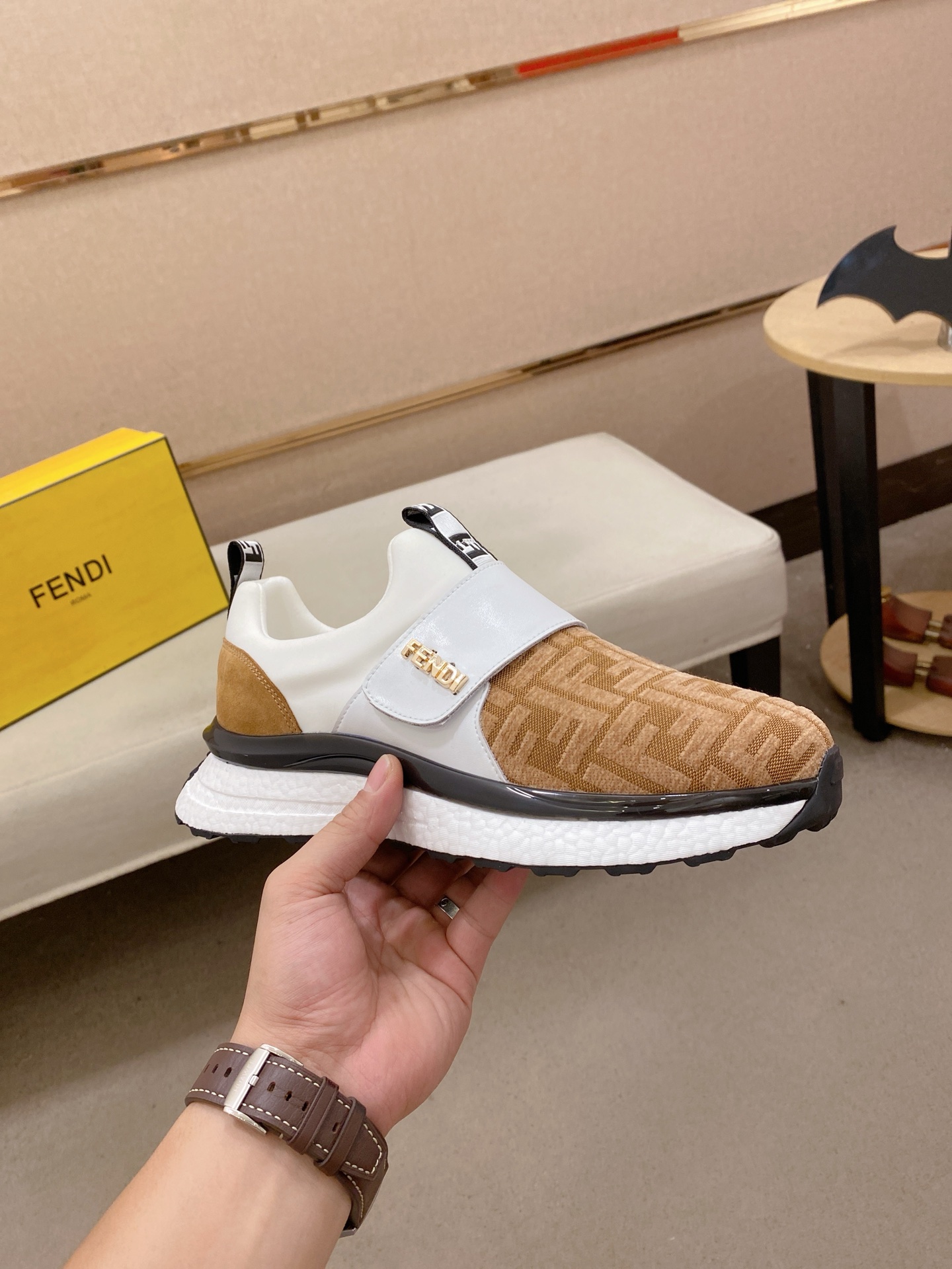 Fendi FF Slip-On Runner Sneakers Beige