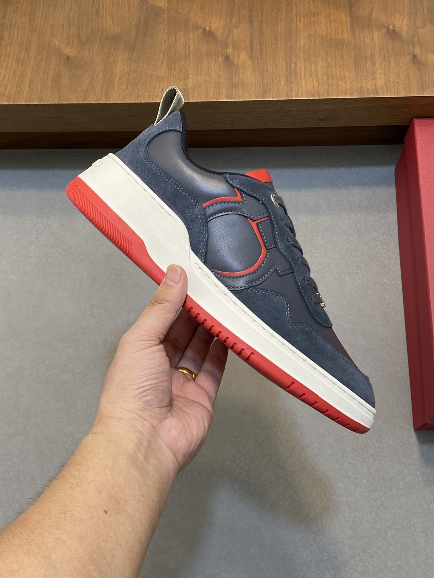 Ferragamo Nappa Leather Logo Sneakers Navy Red