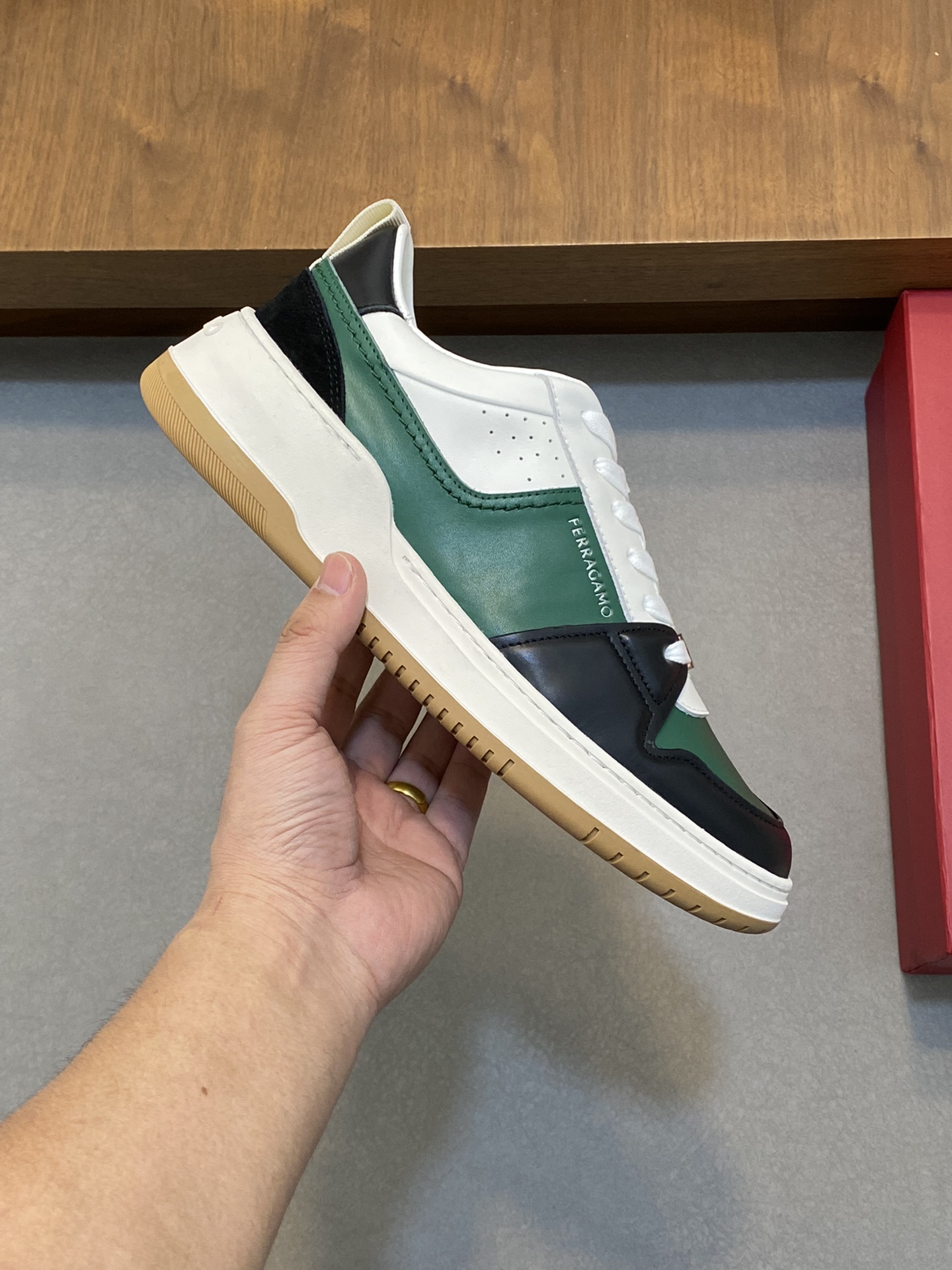 Ferragamo Nappa Leather Low Sneakers Green/Black/White