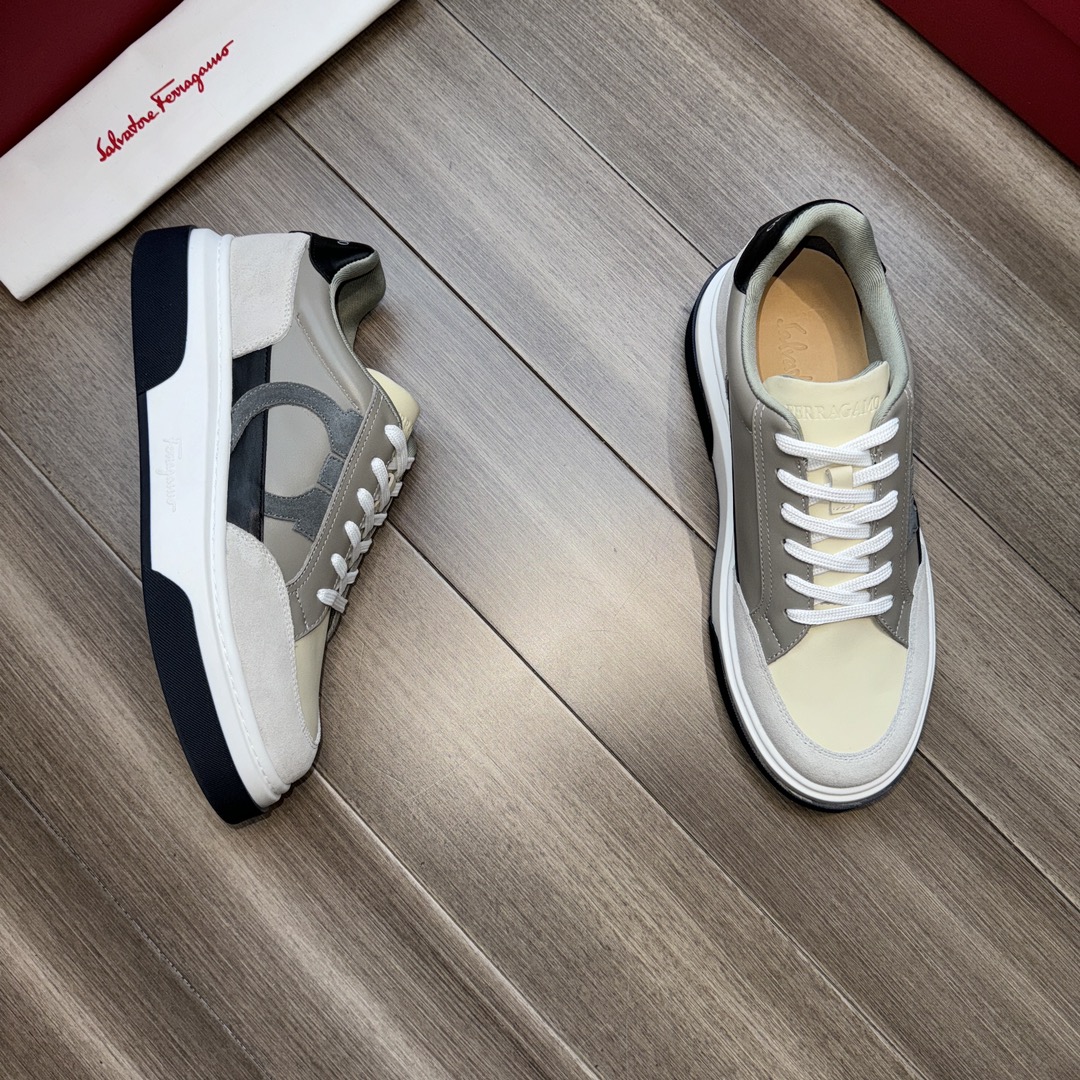 Ferragamo Suede Leather Low-Top Sneakers Grey/White/Black