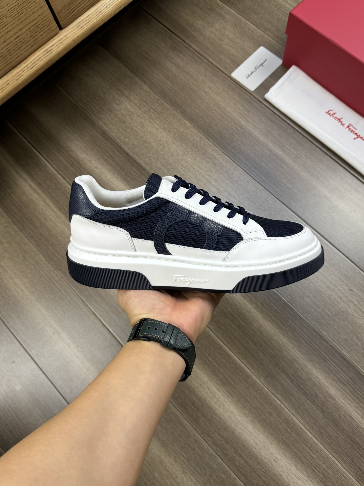 Ferragamo Logo Canvas Low-Top Sneakers Navy/White
