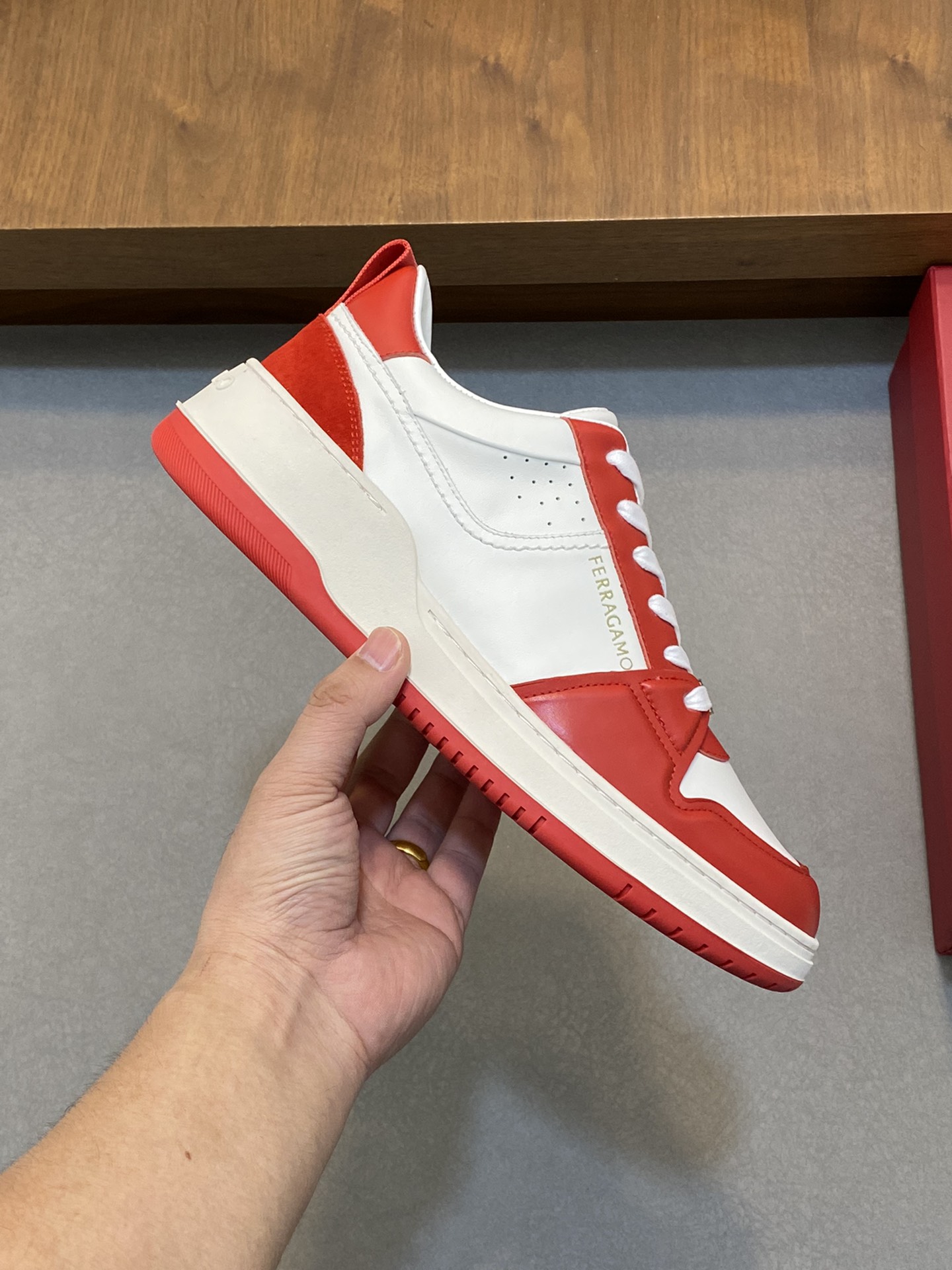 Ferragamo Leather Low-Top Sneakers Red/White