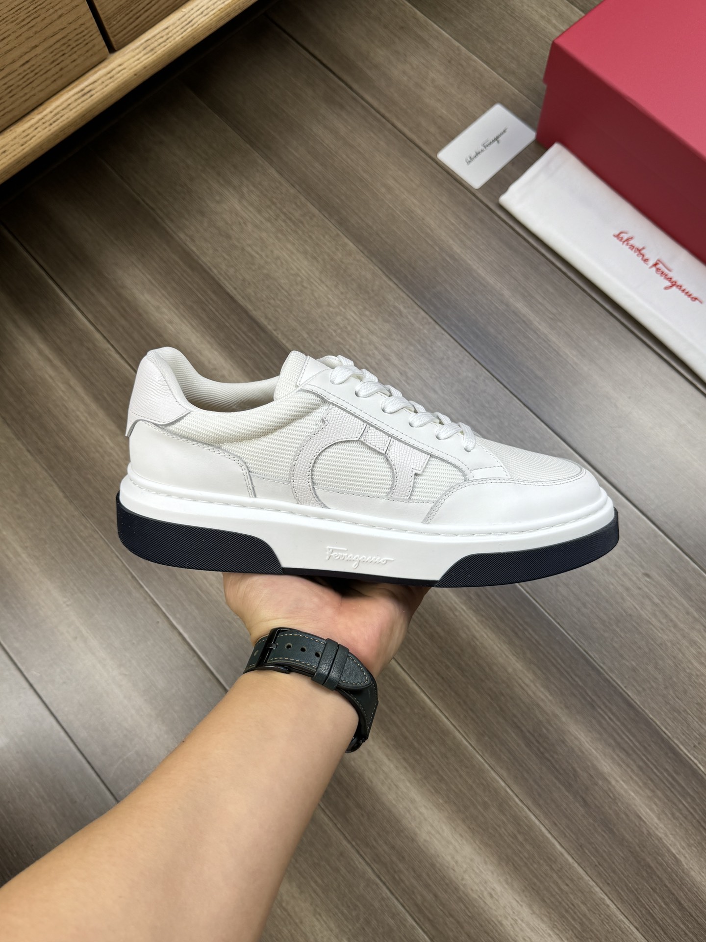 Ferragamo Nappa Leather Canvas Low-Top Sneakers White