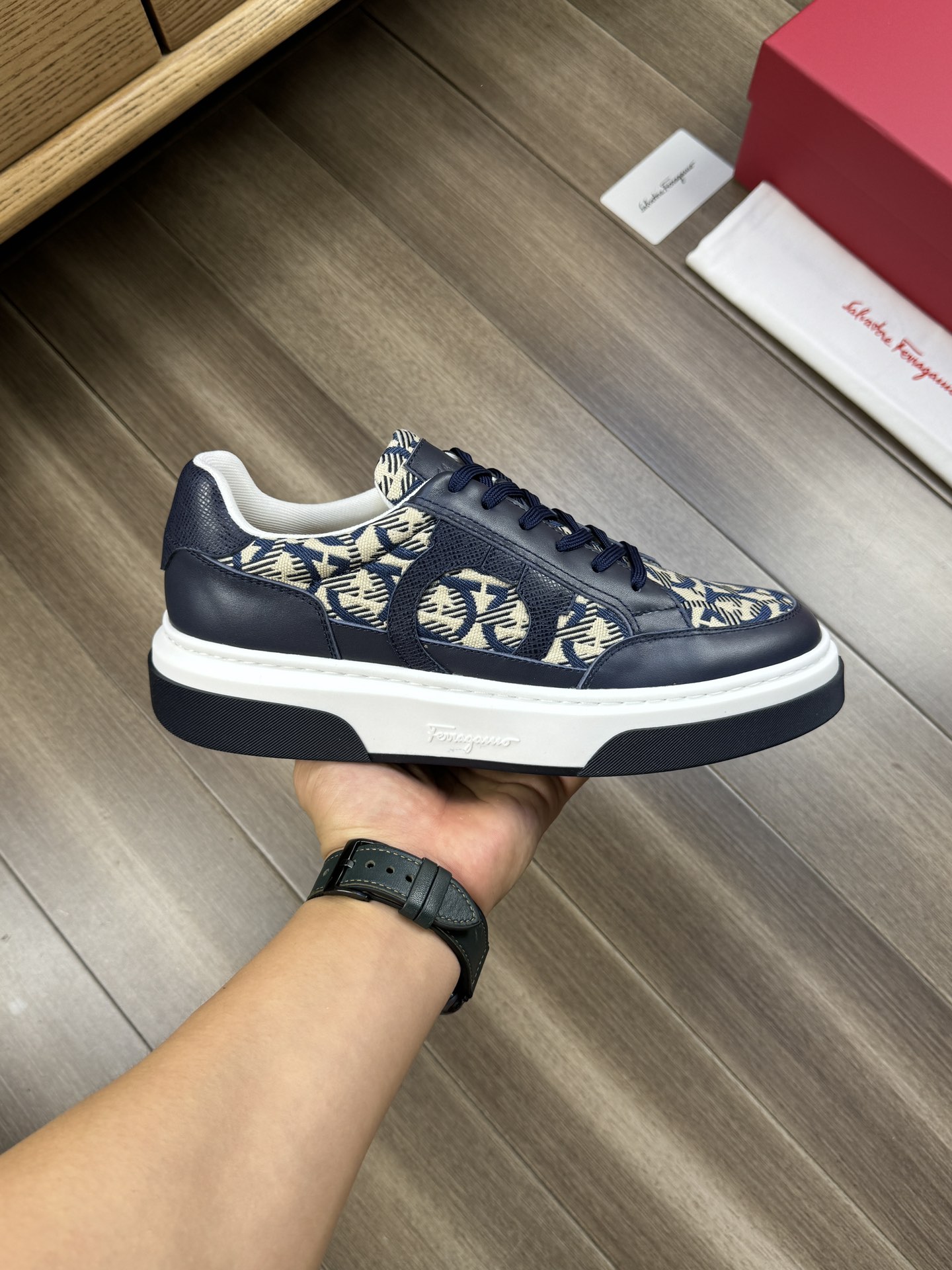 Ferragamo Gancini Canvas Leather Sneakers Navy