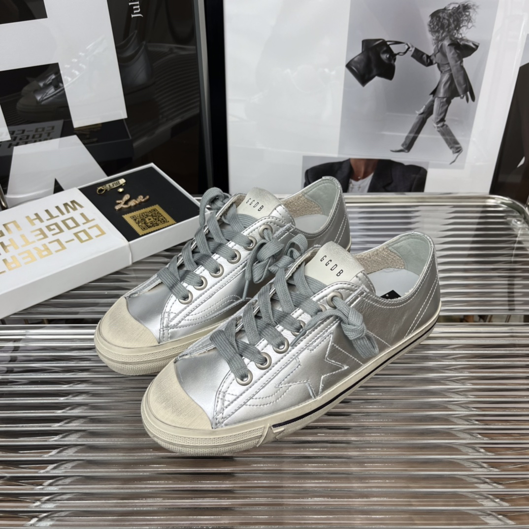 Golden Goose V-Star2 Distressed Sneakers Silver