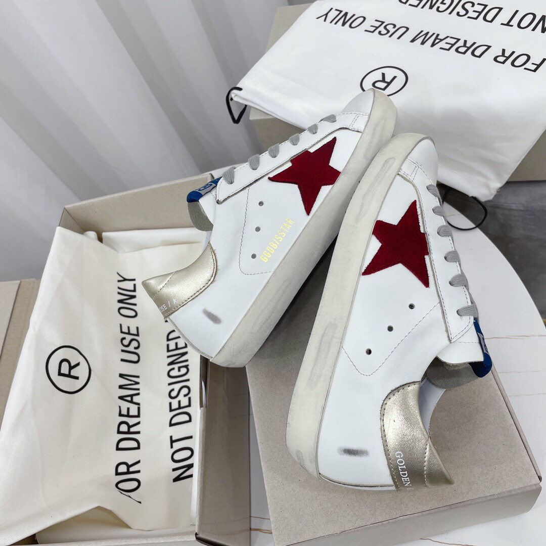 Golden Goose Superstar Distressed Leather Sneakers Gold/Red/White