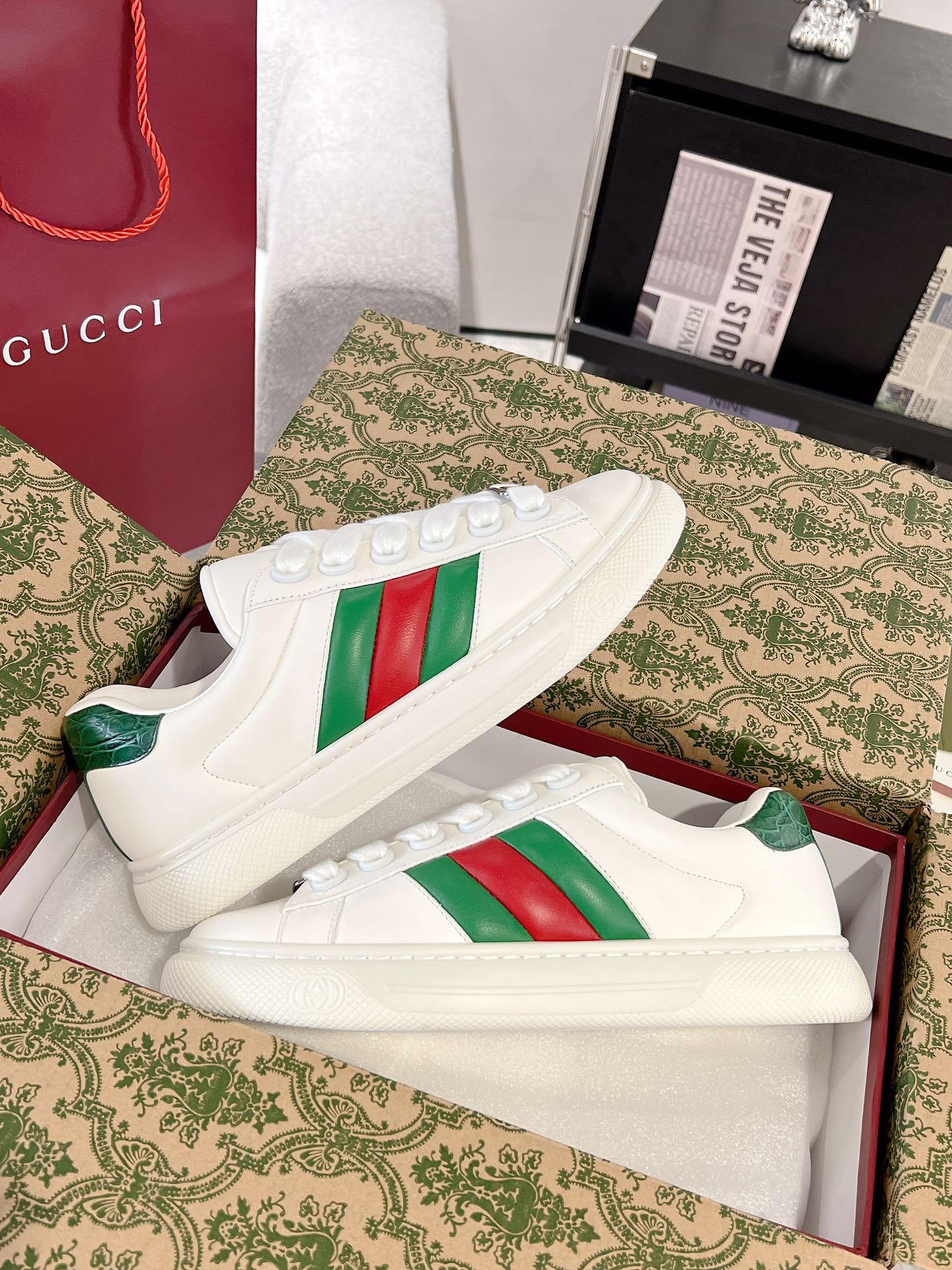 Gucci Ace Thick-Sole Sneakers White Green Red