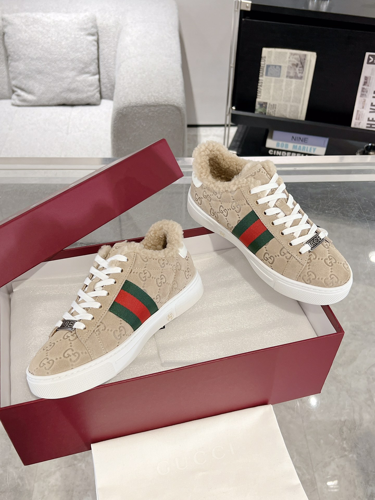 Gucci Ace GG Suede Shearling Sneakers Beige
