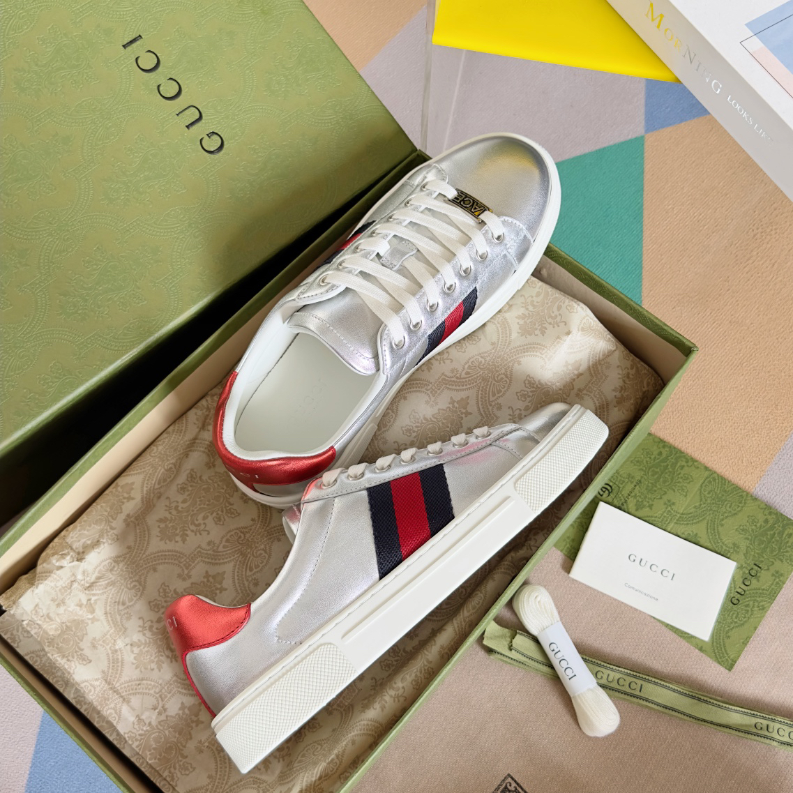 Gucci Ace Leather Sneakers Silver