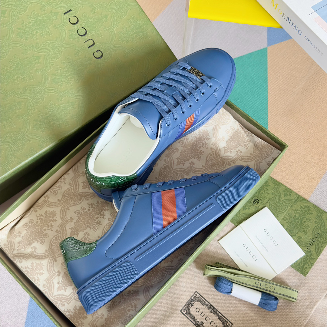 Gucci Ace Leather Low-Top Sneakers Blue