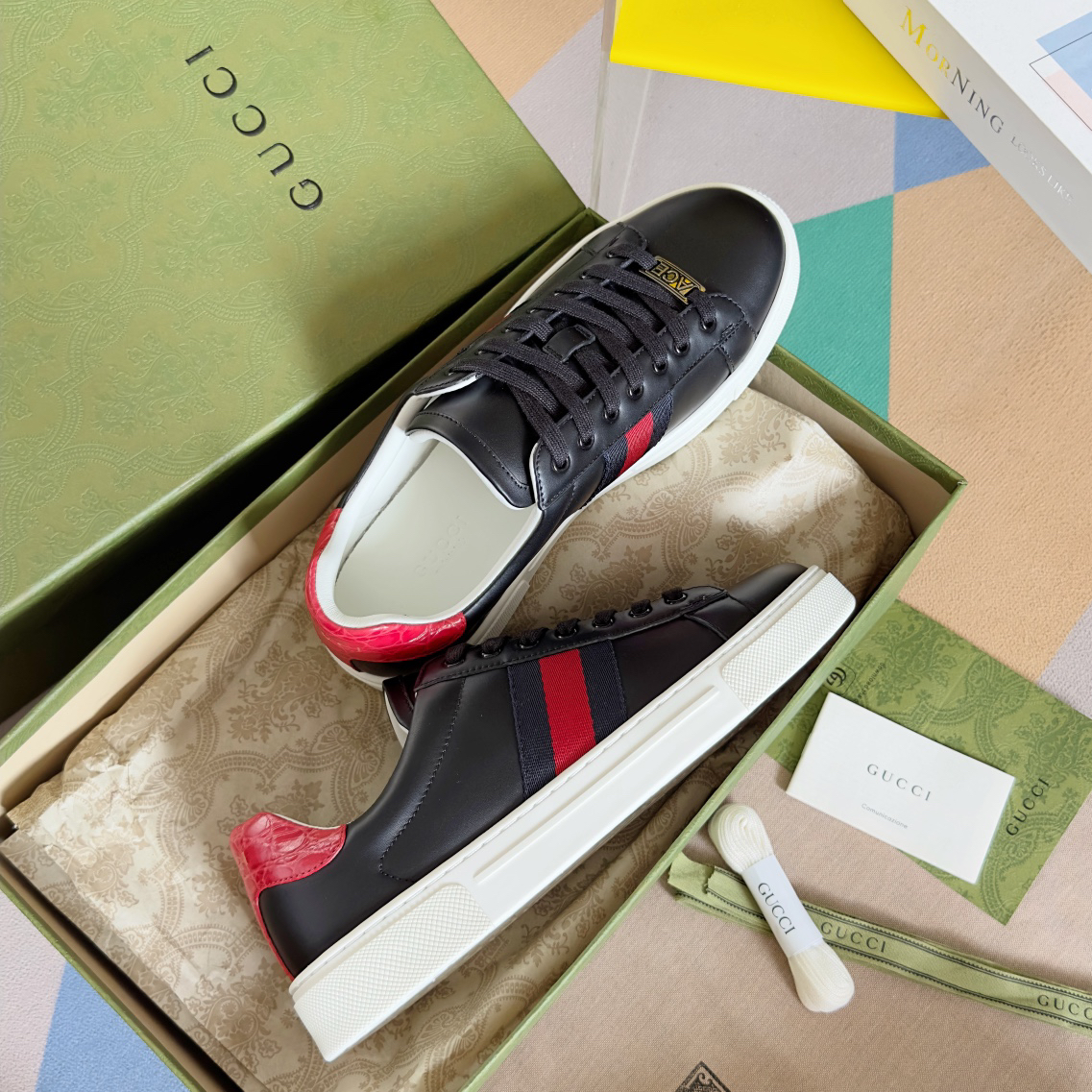 Gucci Ace Leather Sneakers Black/Red