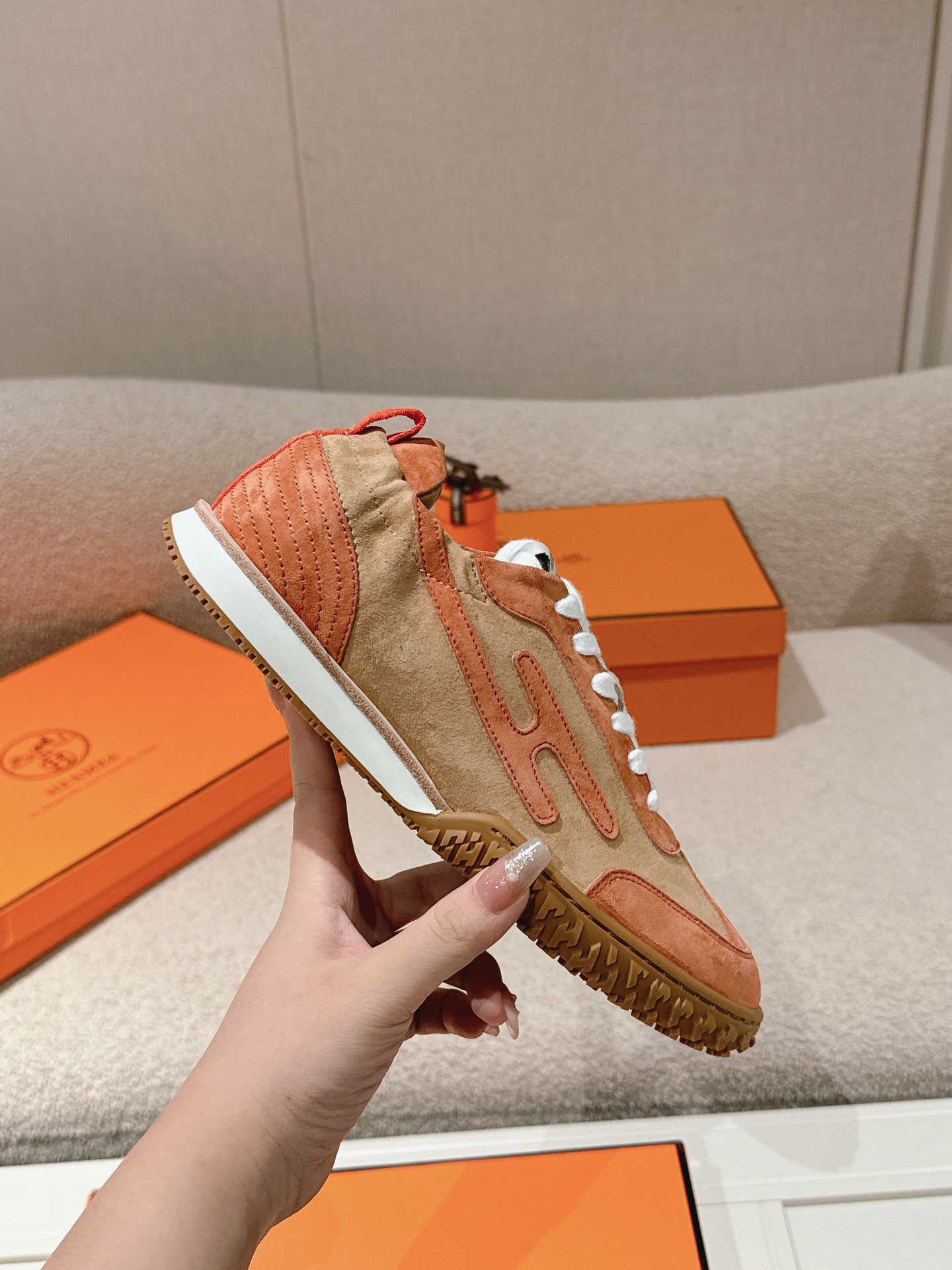 Hermes H Suede Sneakers Tan