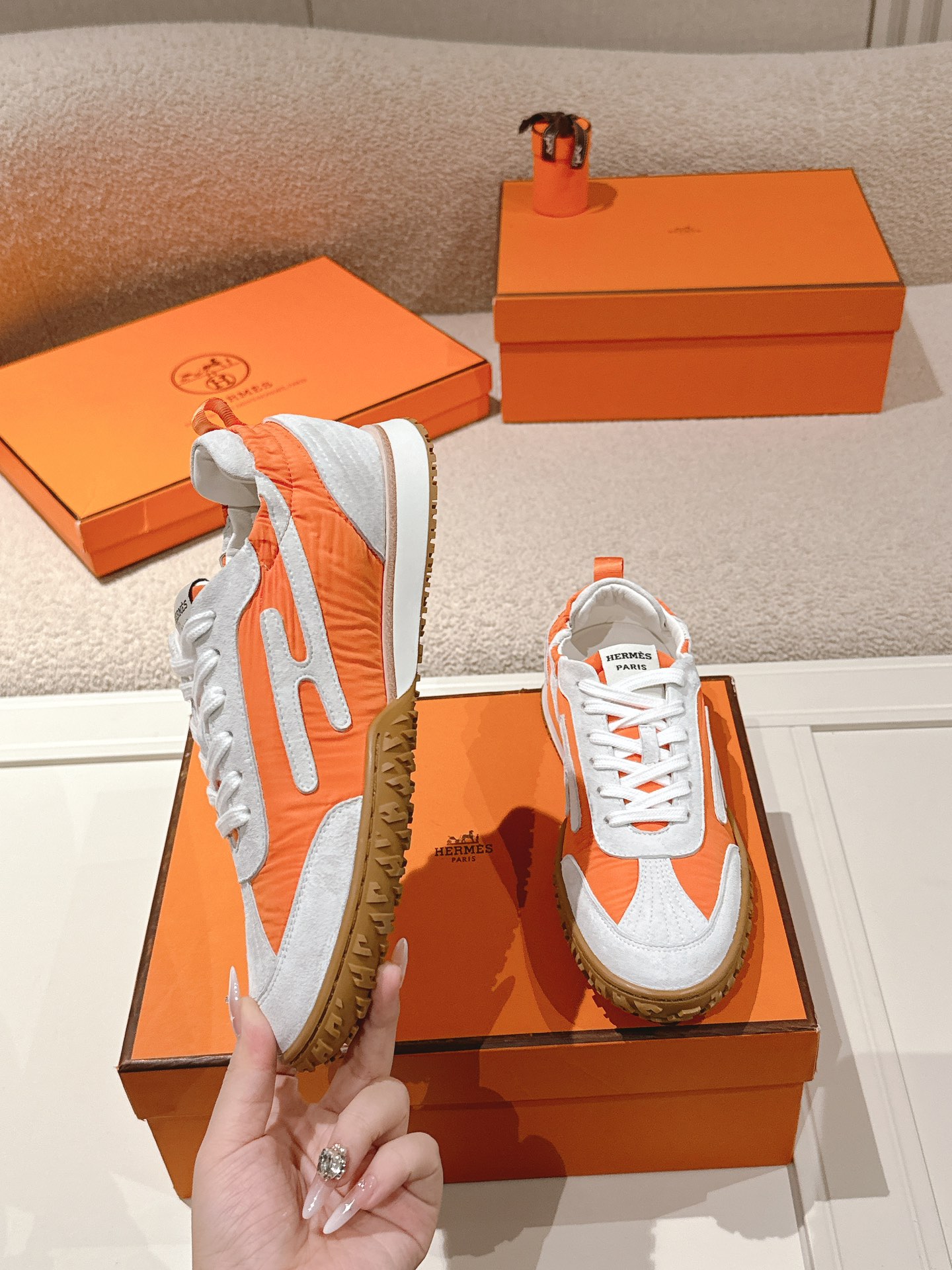 Hermes Suede Leather H Sneaker Orange