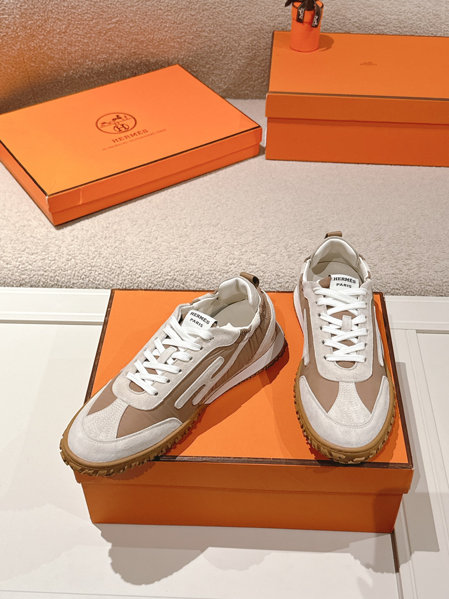 Hermes H Suede Sport Sneakers Tan/White