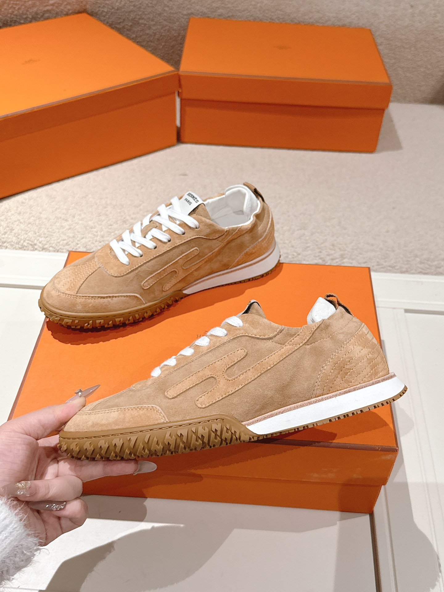 Hermes Suede H Sneakers Tan