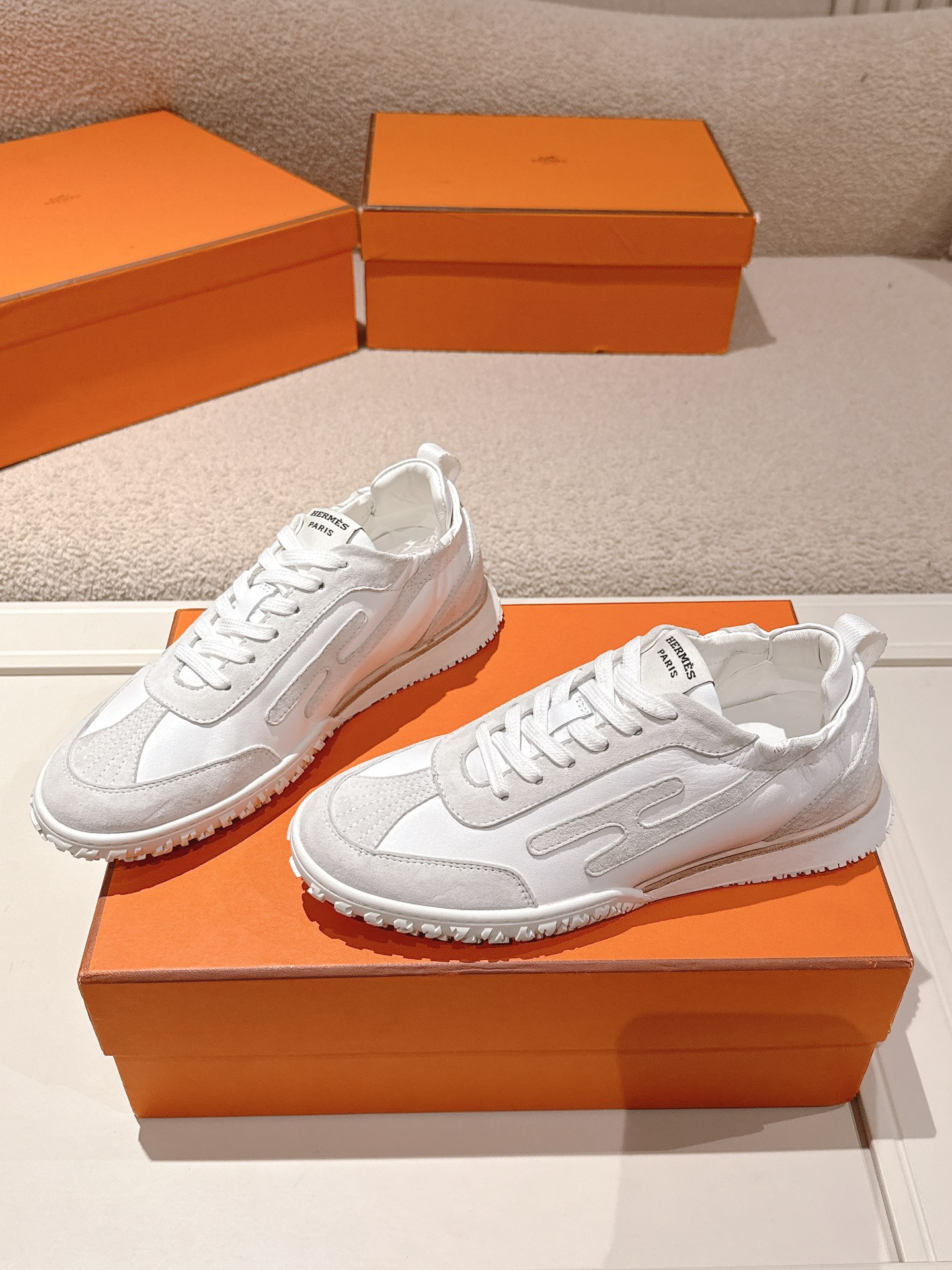 Hermes Suede Leather H Sneaker White