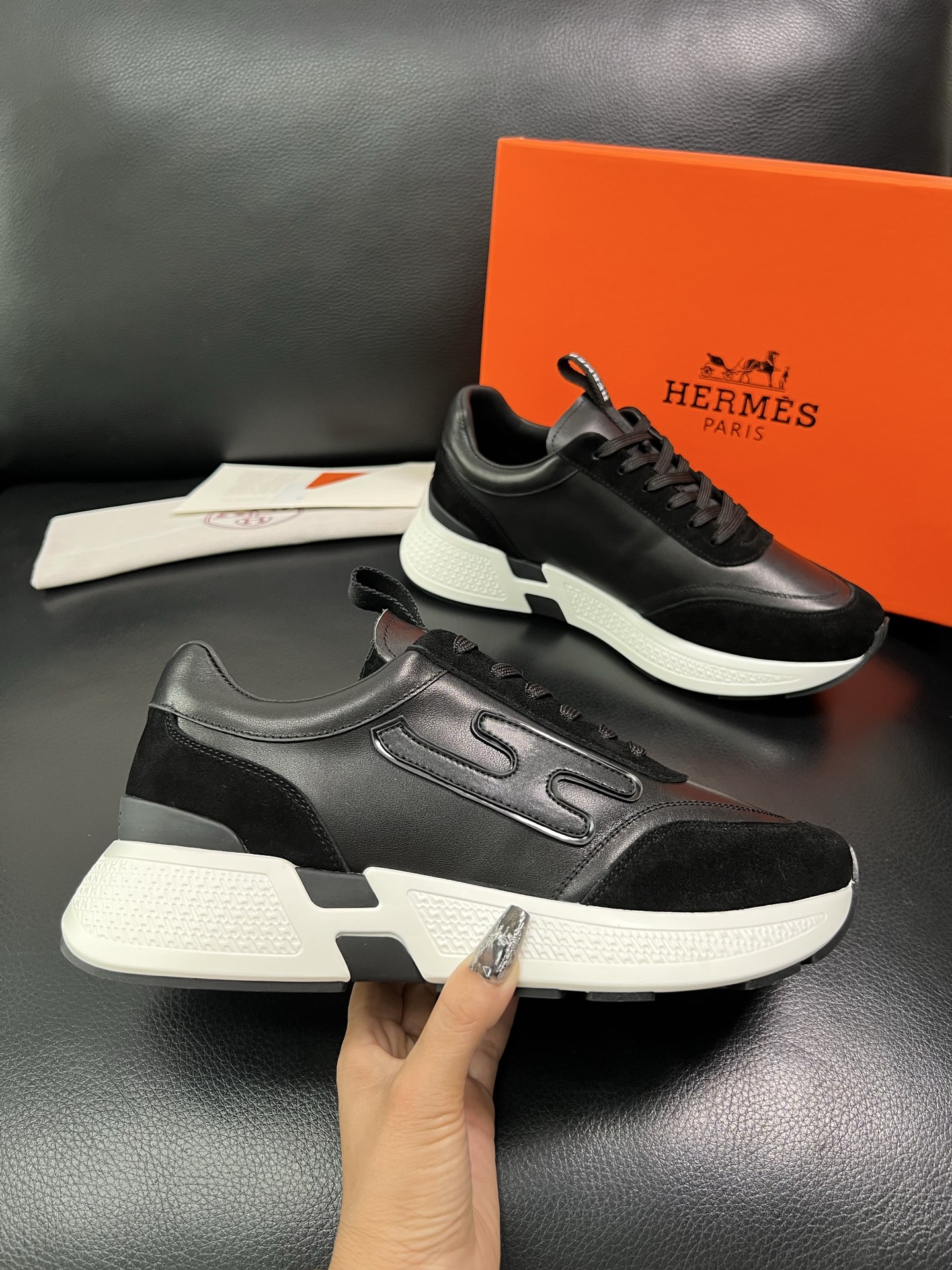 Hermes Leather Low-Top Sneakers Black