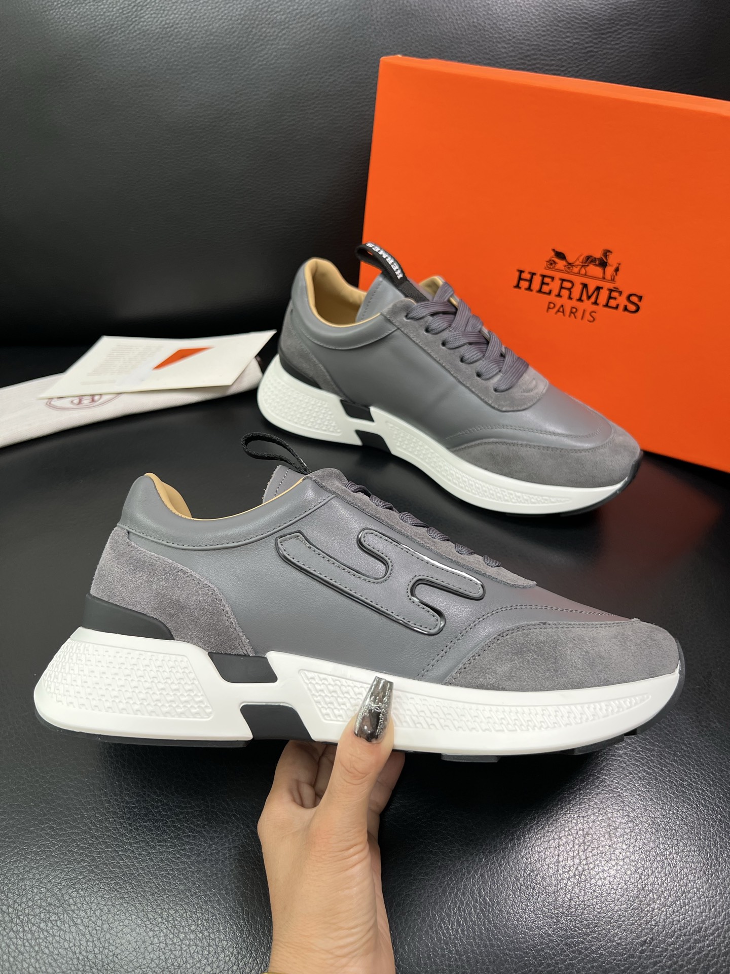 Hermes Leather Suede Sneakers Grey