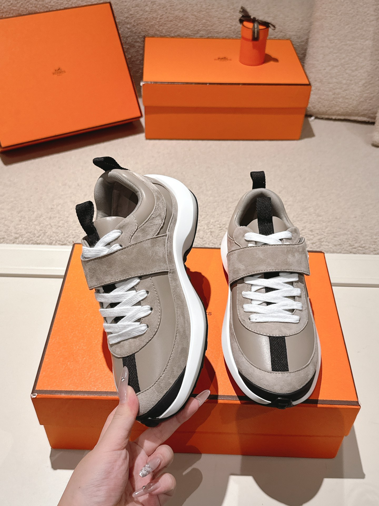 Hermes Leather Suede Sneakers Gray