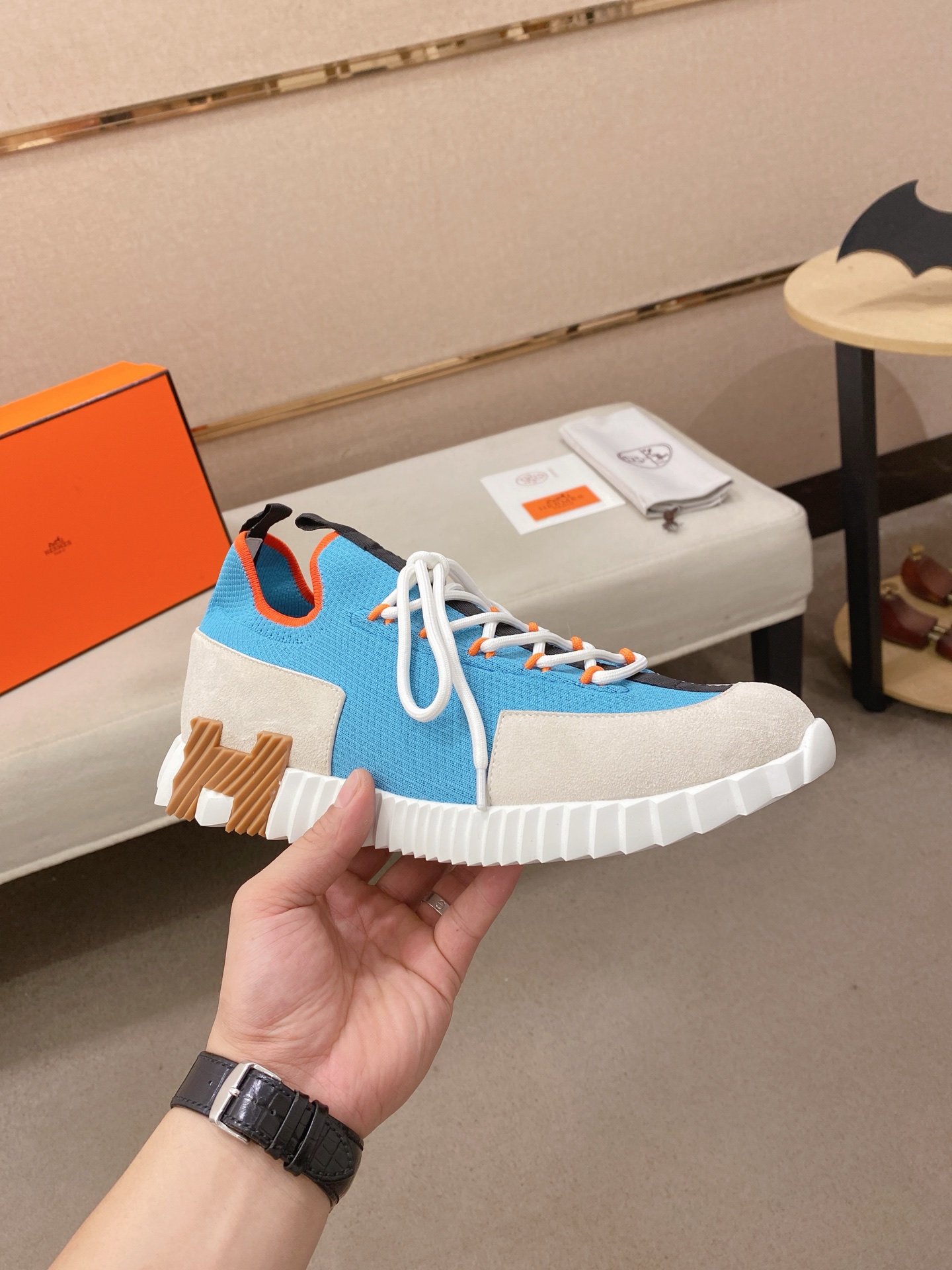 Hermes Knit Low-Top Sneakers Blue