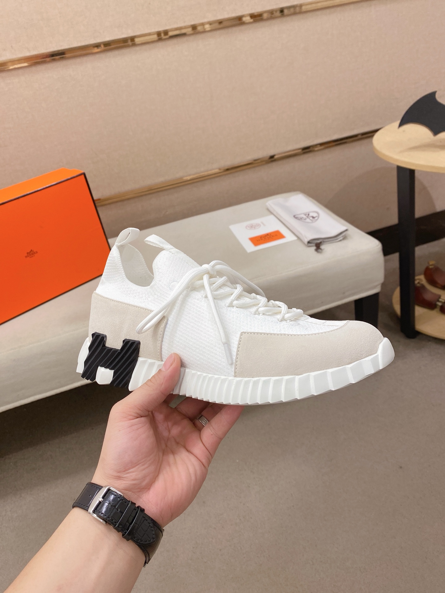 Hermes Knit Suede Sneakers White