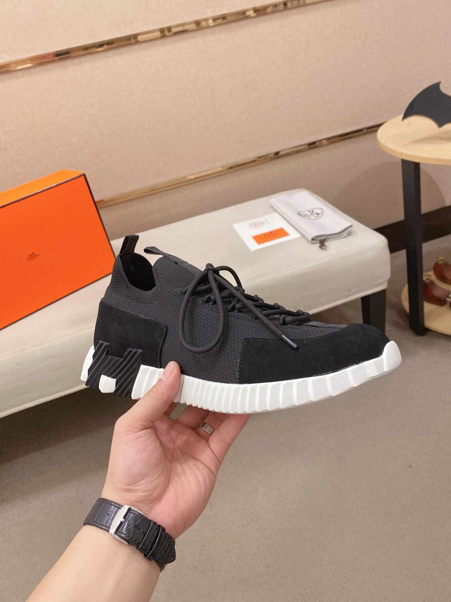 Hermes Knit Leather Sneakers Black