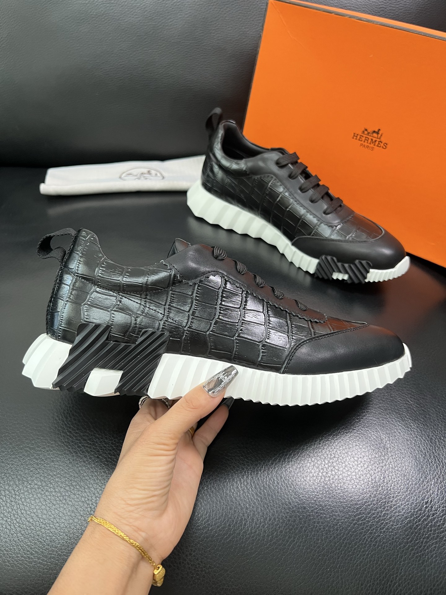 Hermes Croc-Embossed Sneakers Black