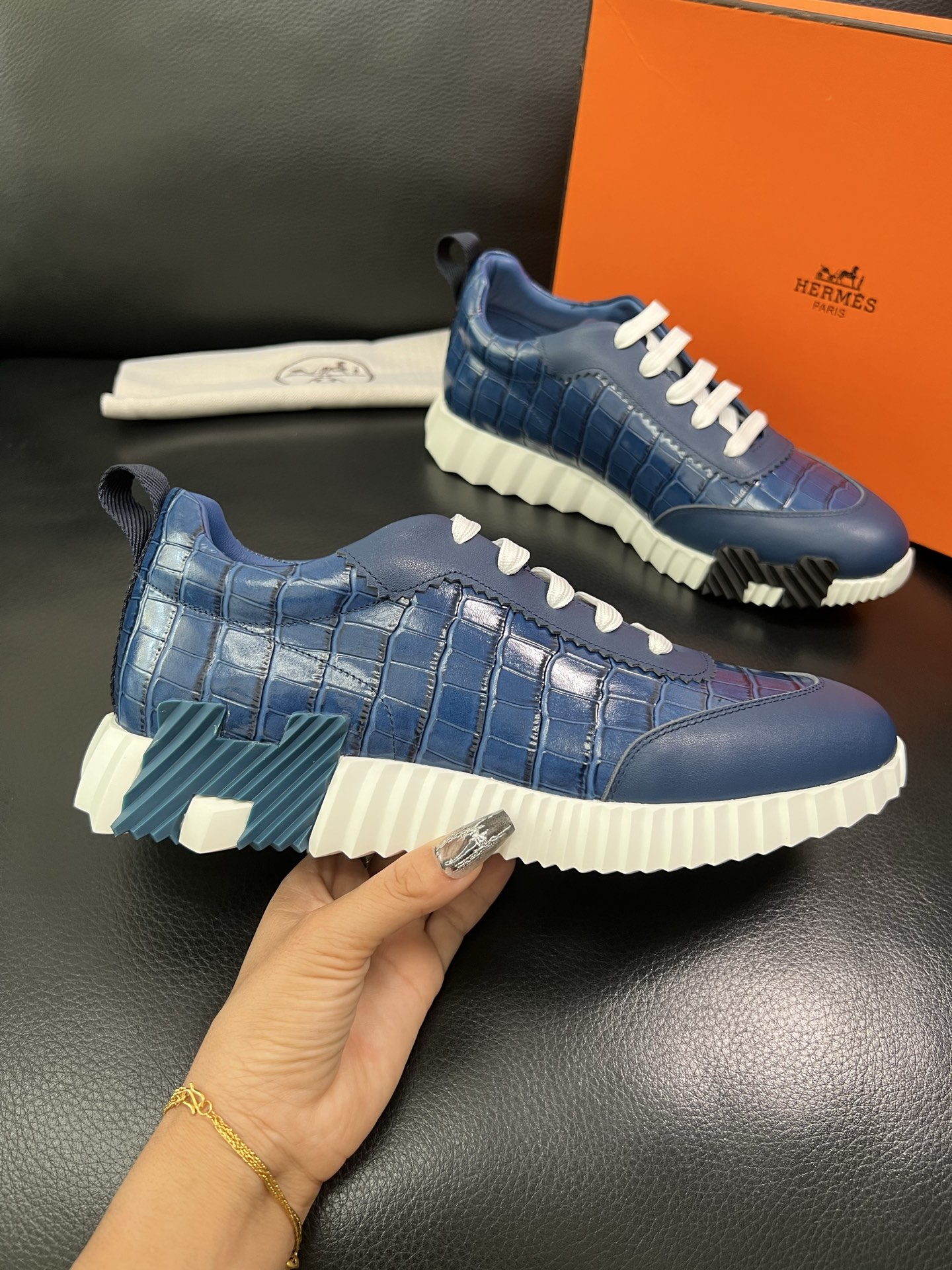Hermes Croc-Embossed Leather Sneakers Blue