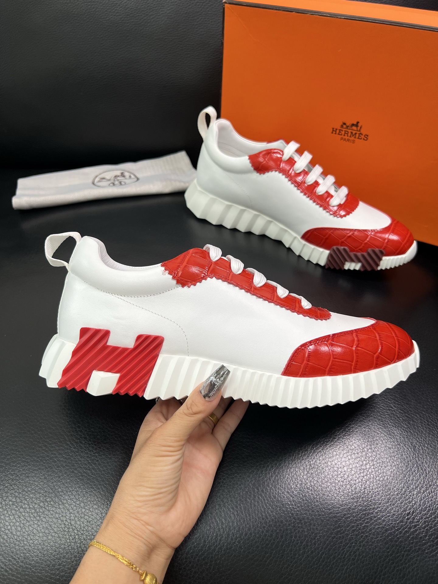 Hermes Leather Chunky Sneakers Red/White