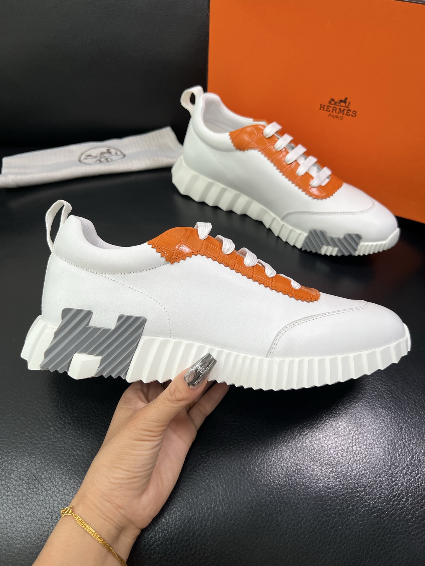 Hermes Leather Chunky Sneakers White/Orange