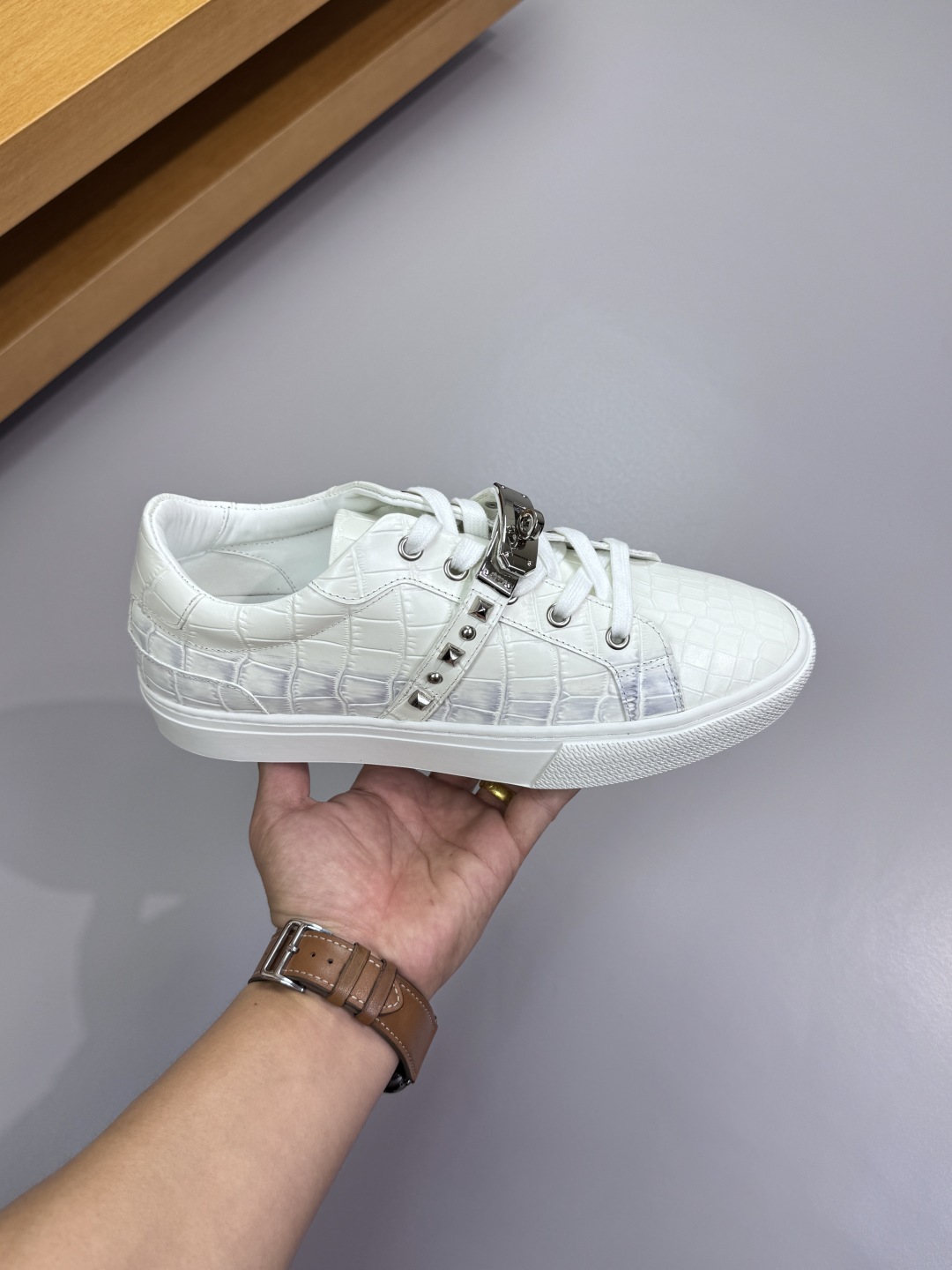 Hermes Croc-Embossed Leather Sneakers White