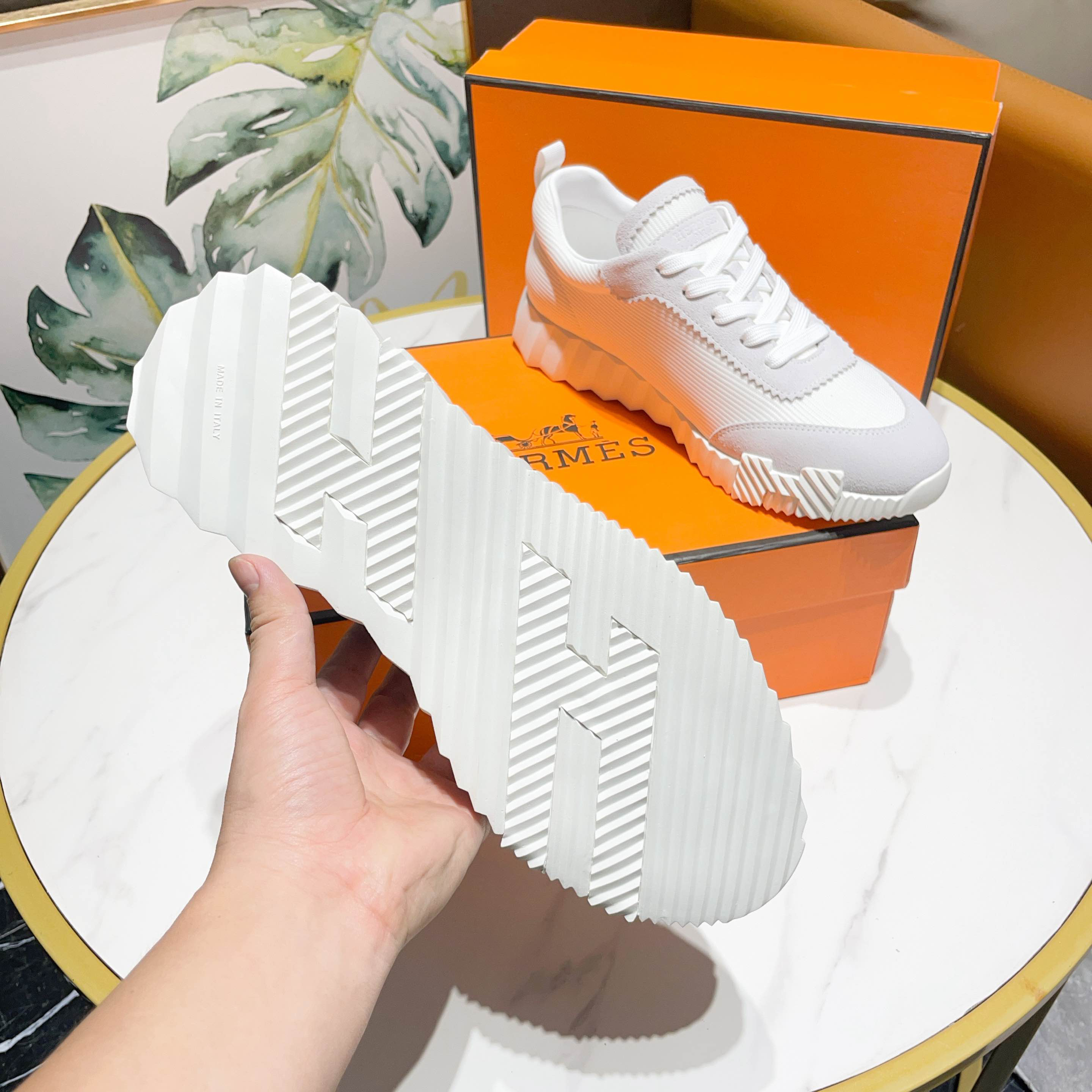 Hermes H Logo Canvas Sneaker White