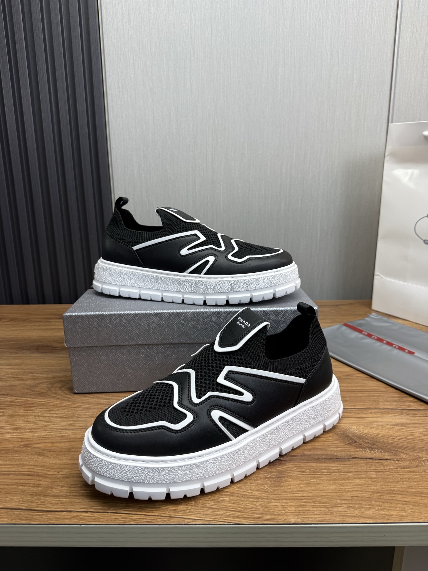 Prada Milano Mesh Slip-On Sneakers Black/White