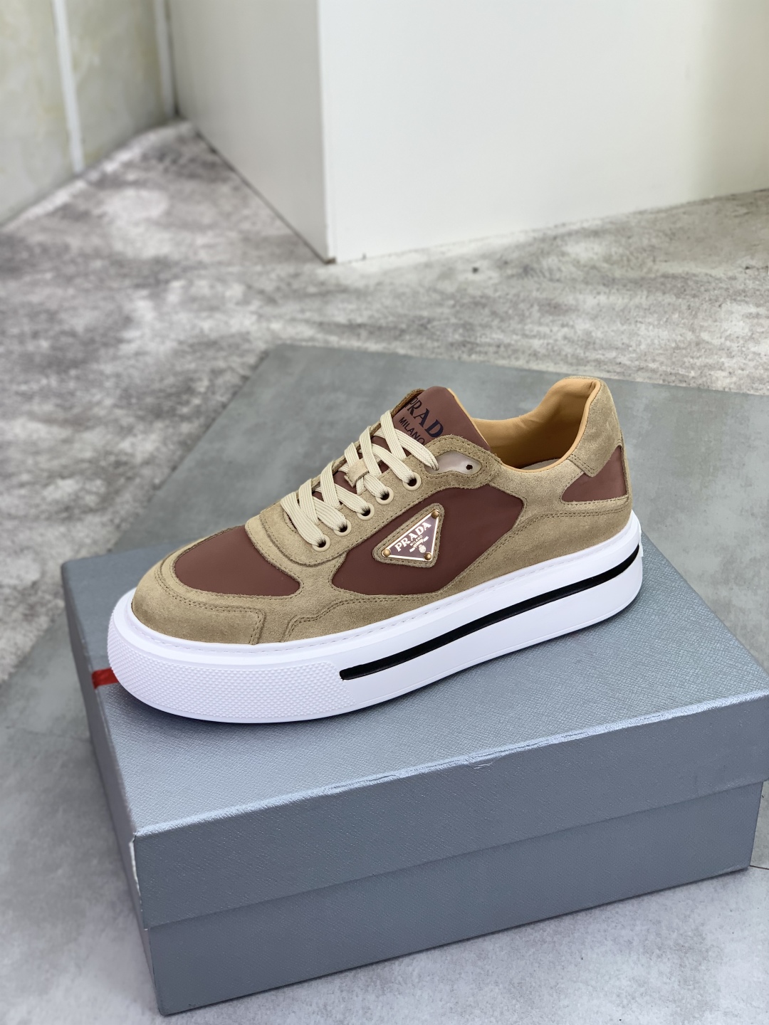 Prada Milano Leather Suede Low-Top Sneakers Khaki Brown