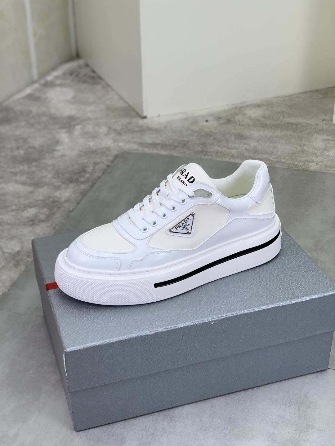Prada Milano Leather Platform Sneakers White