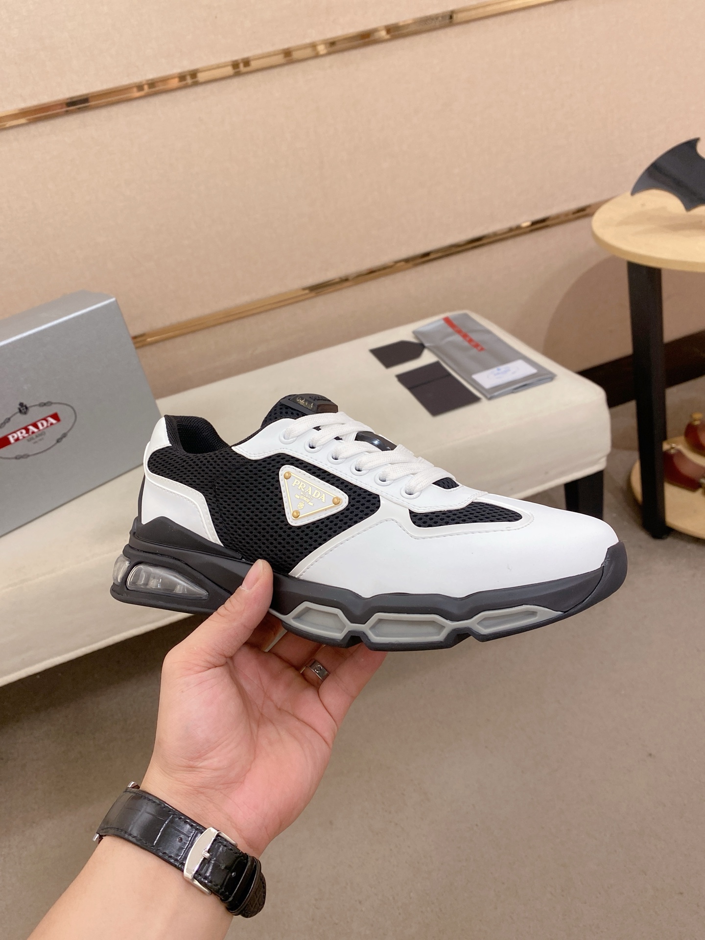 Prada Air-Cushion Mesh Sneakers Black/White
