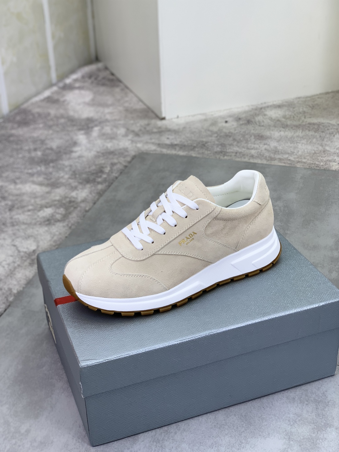 Prada Suede Calfskin Sneakers Beige