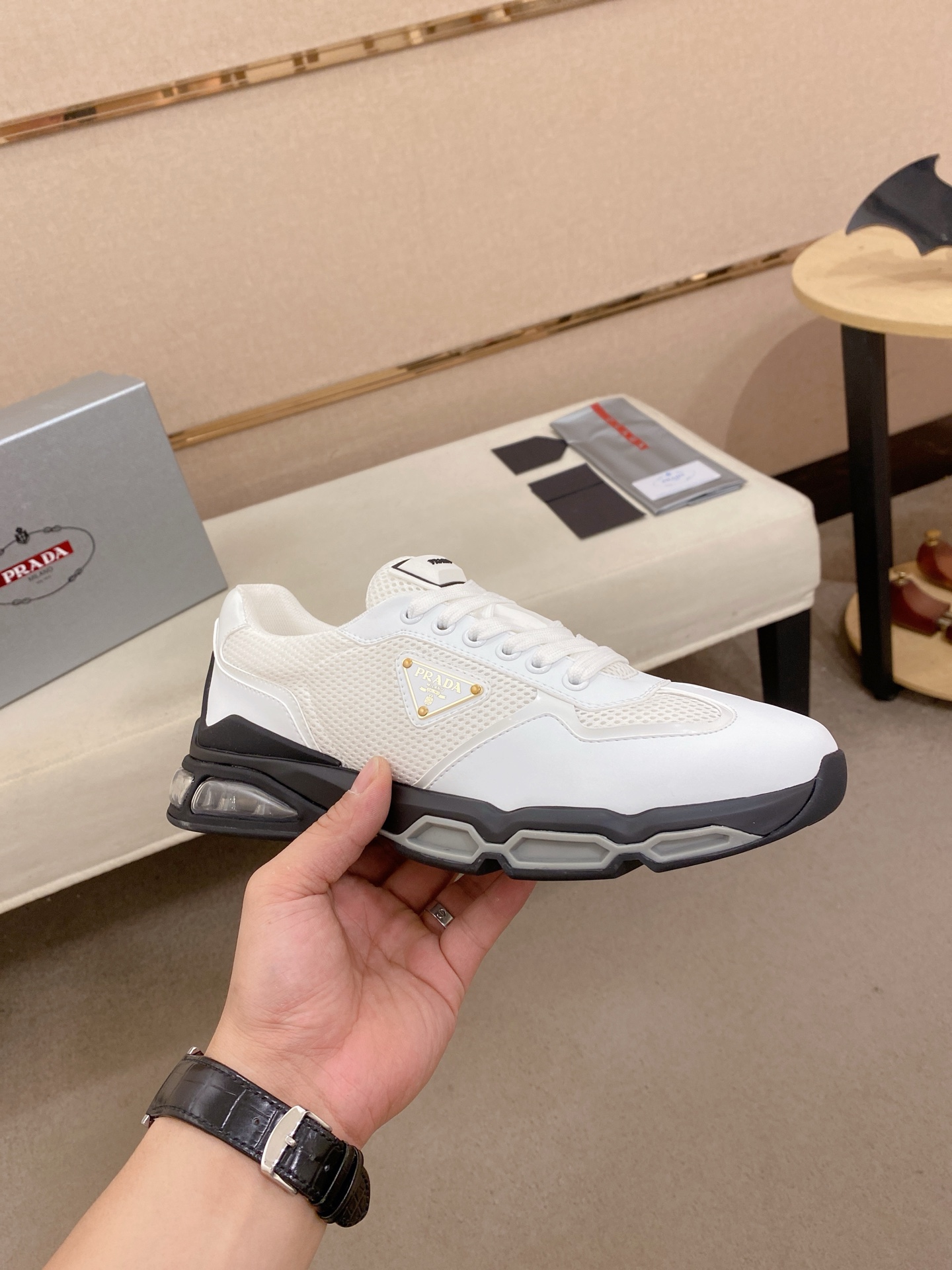 Prada Air-Cushion Mesh Sneakers White/Black