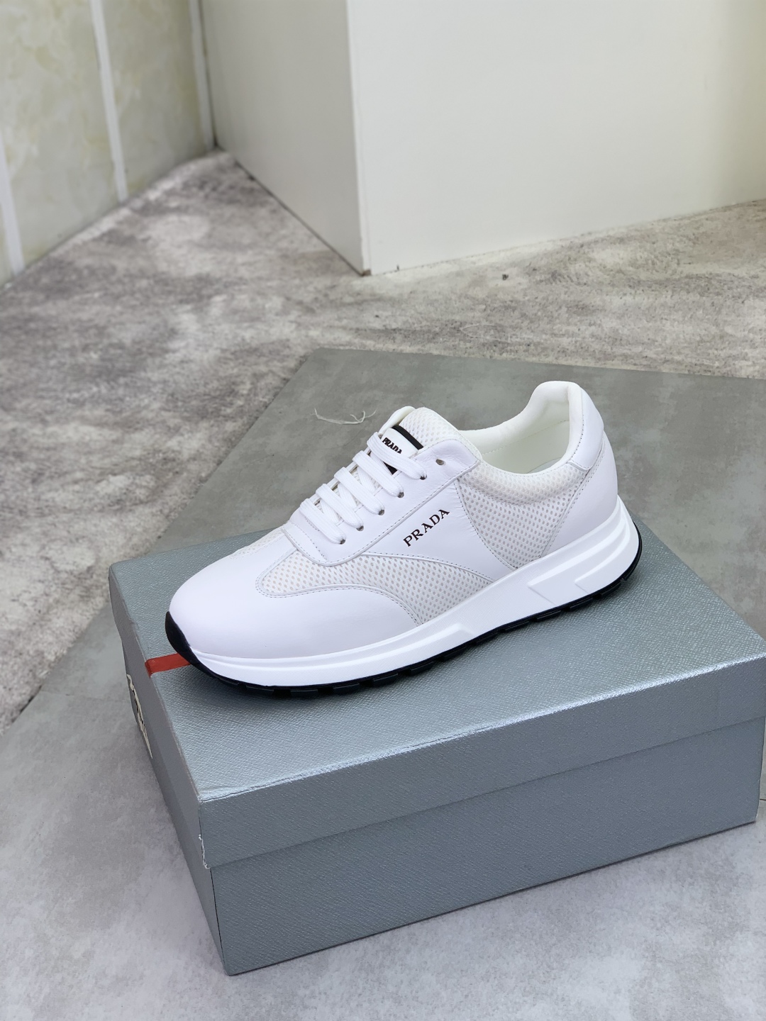 Prada Calf Leather Mesh Runner Sneakers White