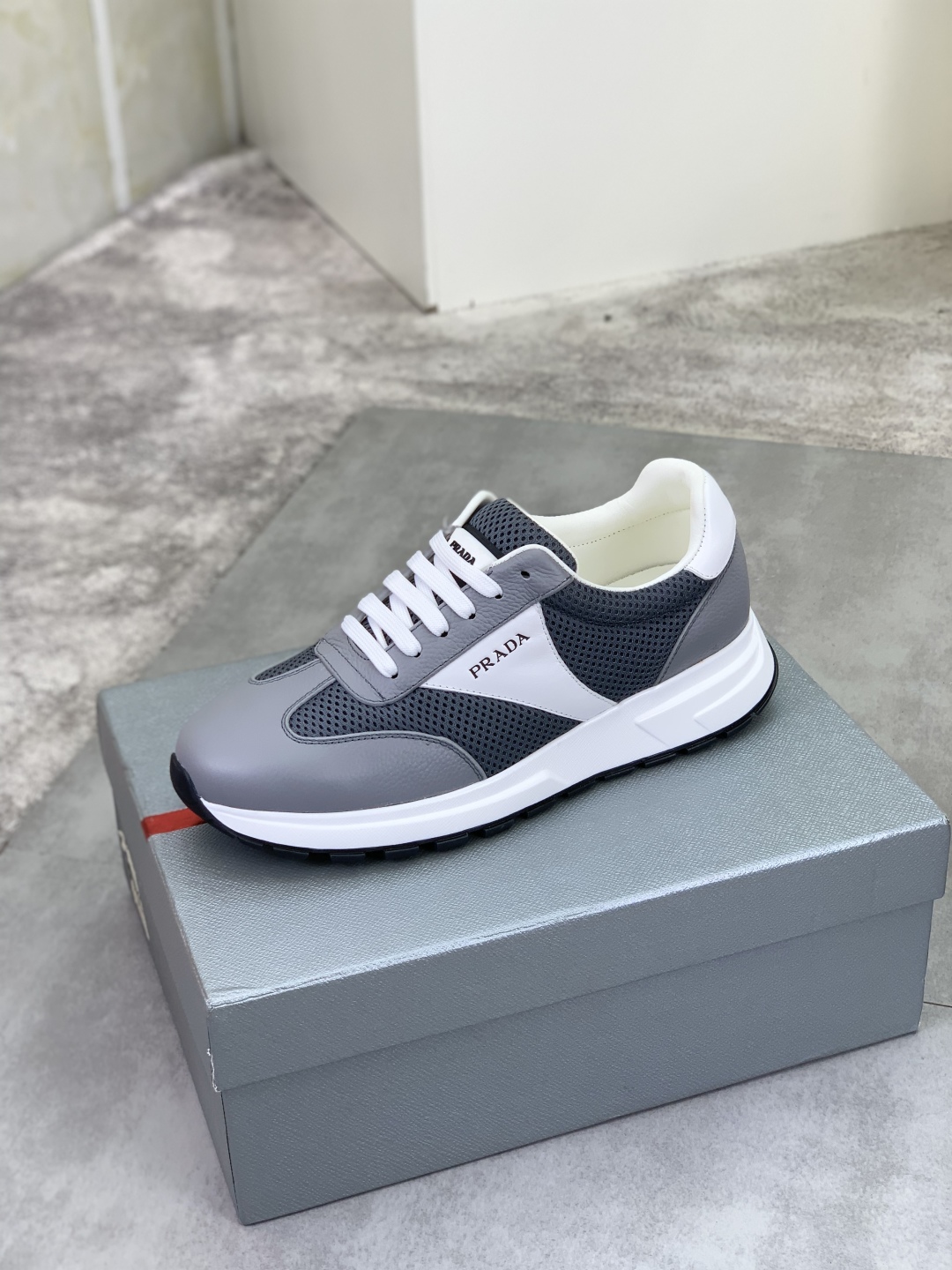 Prada Calfskin Mesh Sneakers Grey