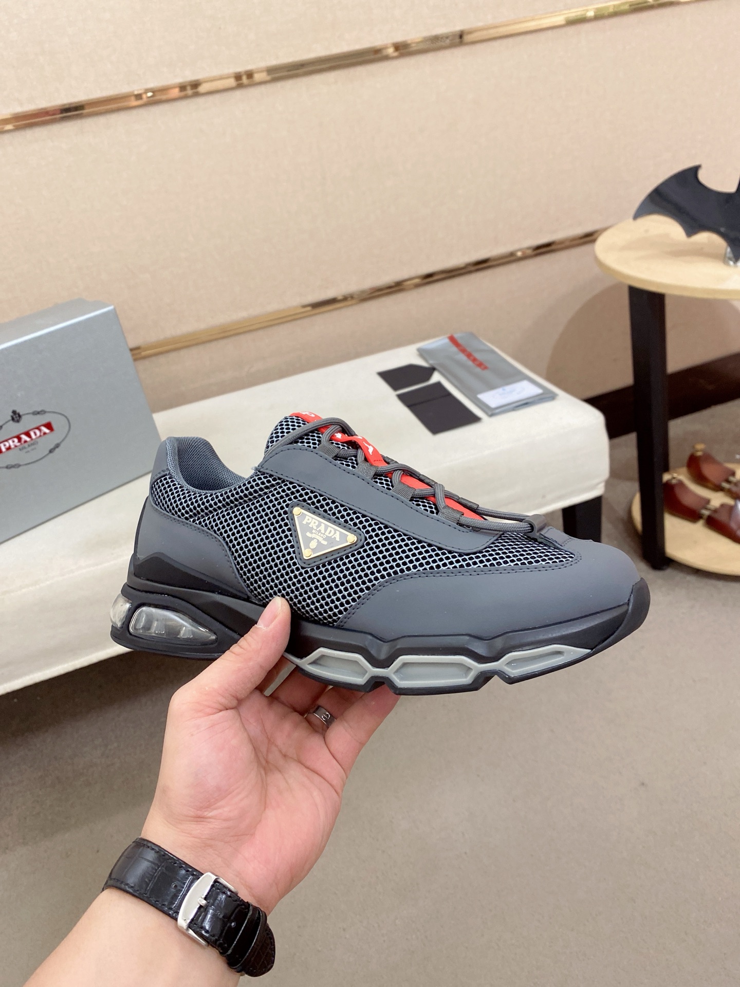 Prada Air Cushion Mesh Sneakers Gray/Red