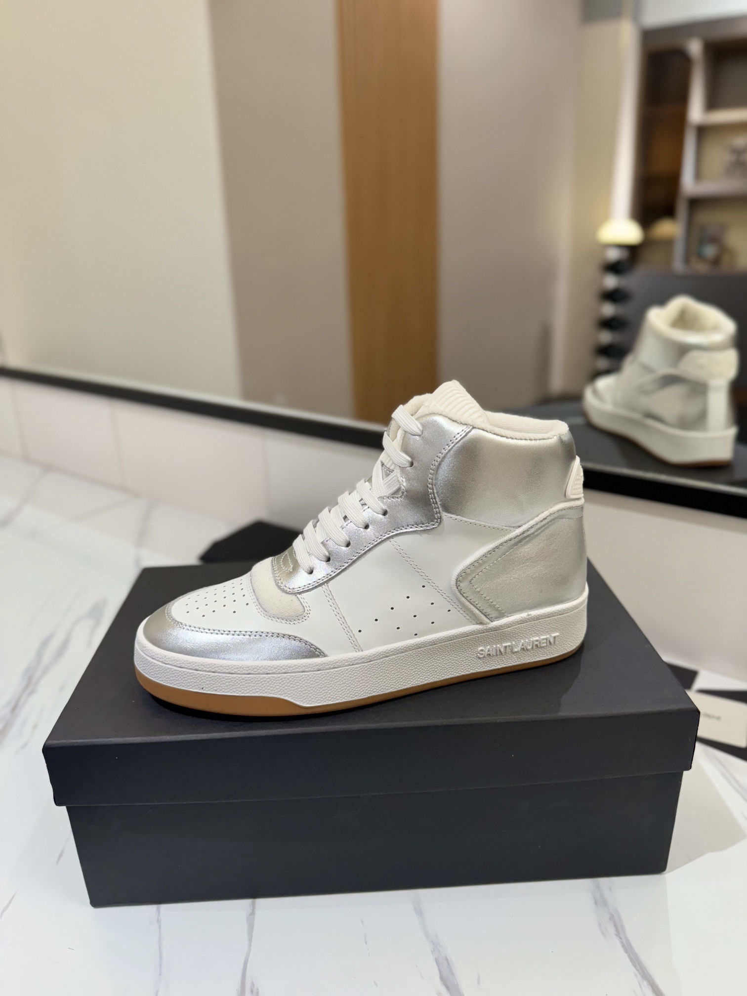 YSL SL61 Leather High-Top Sneakers Silver/White