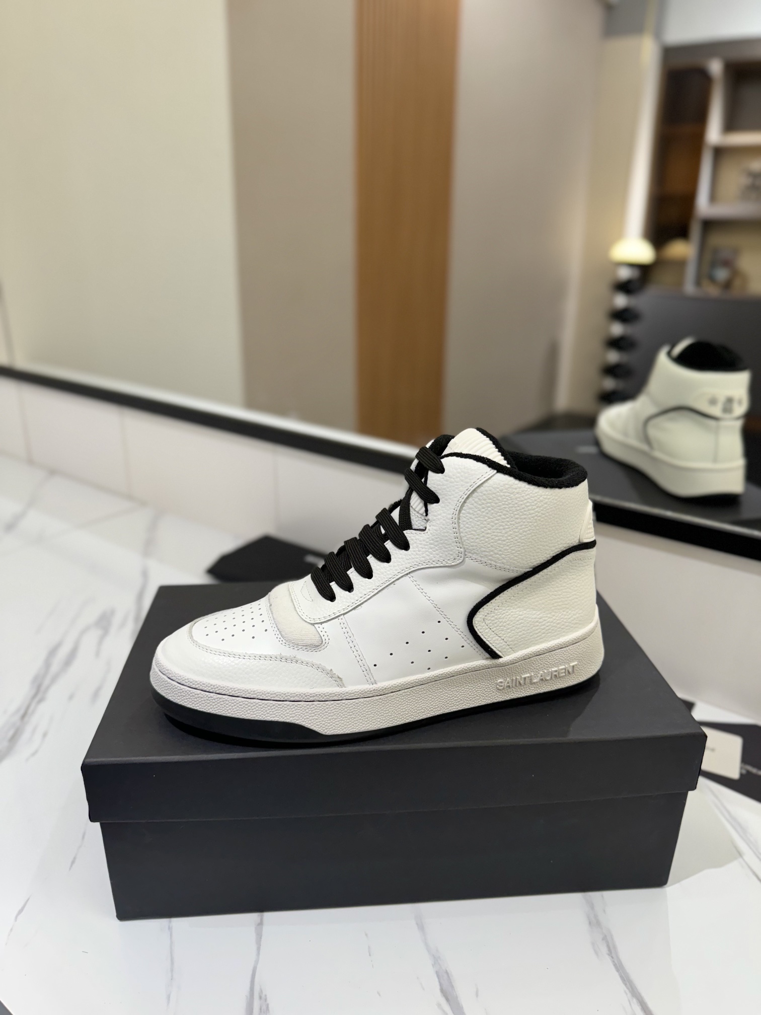 YSL SL61 Leather High-Top Sneakers White/Black