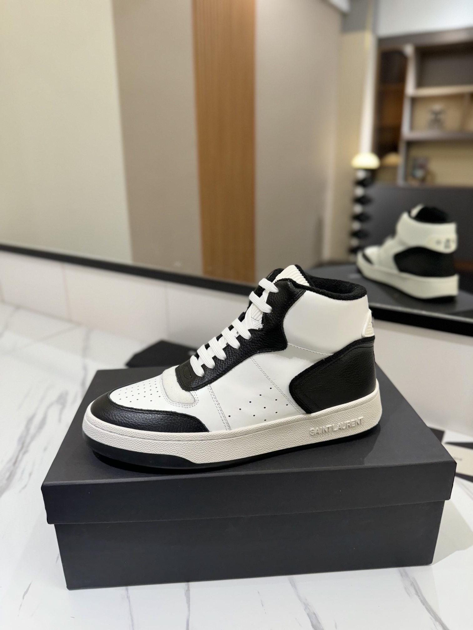 YSL SL61 Leather High-Top Sneakers Black White