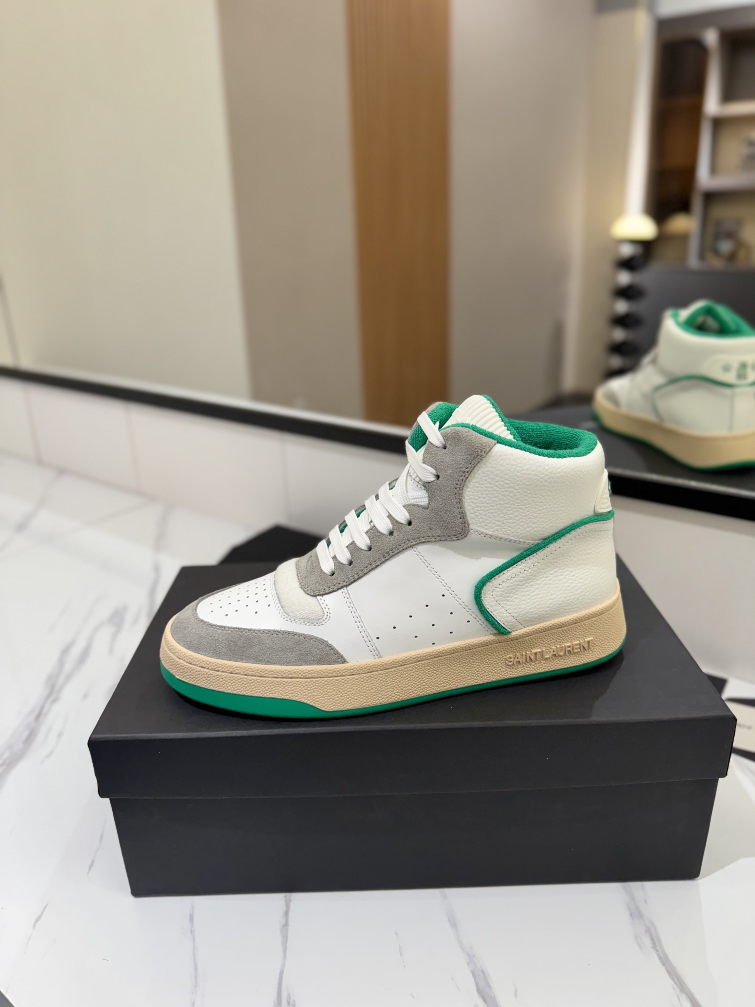 YSL SL61 Leather High-Top Sneakers White/Green