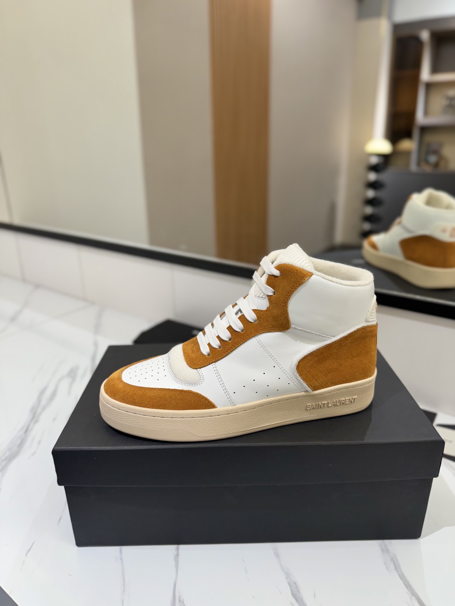 YSL SL80 High-Top Sneakers White/Brown