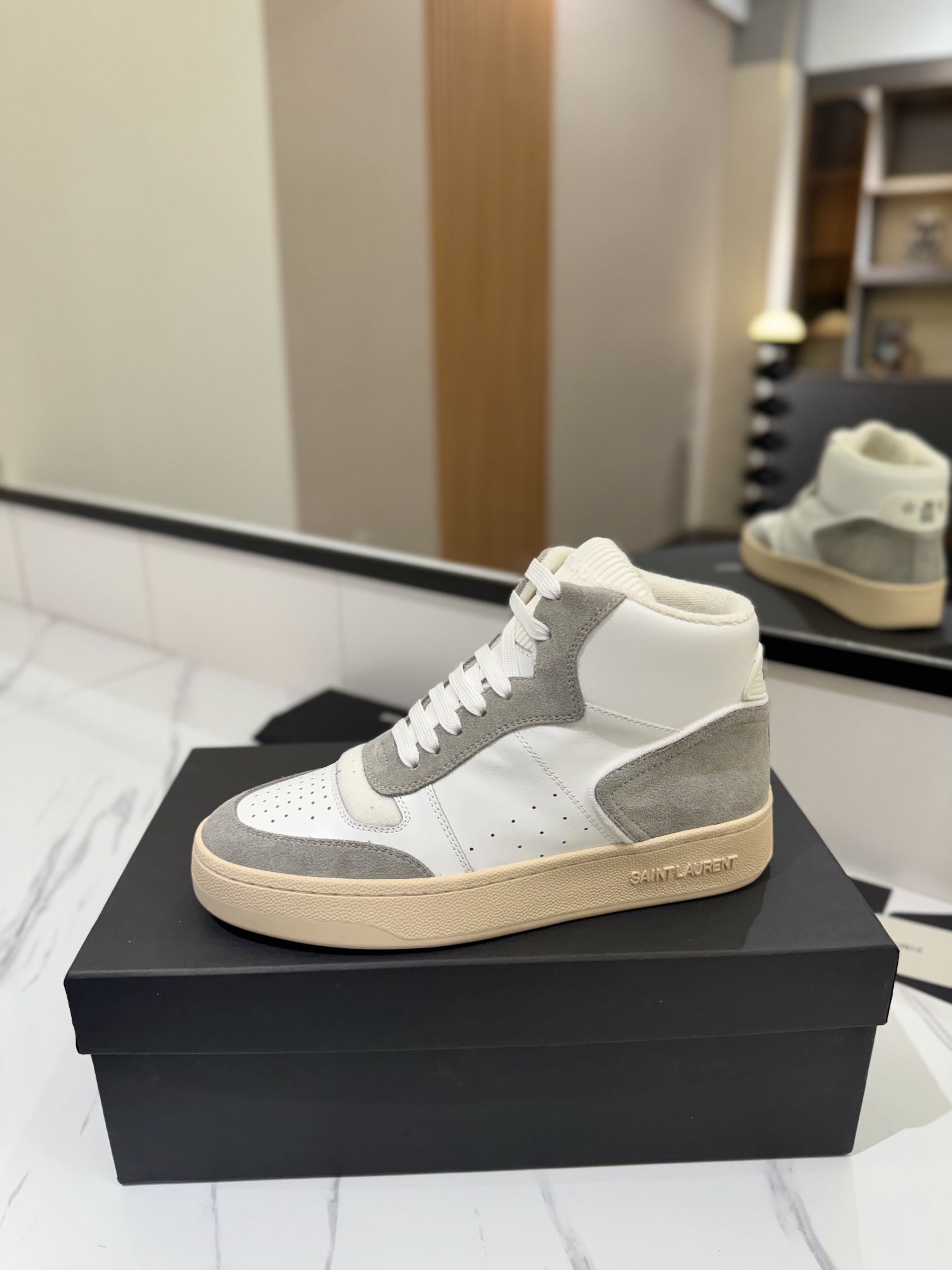 Saint Laurent SL61 Leather High-Top Sneakers White/Grey