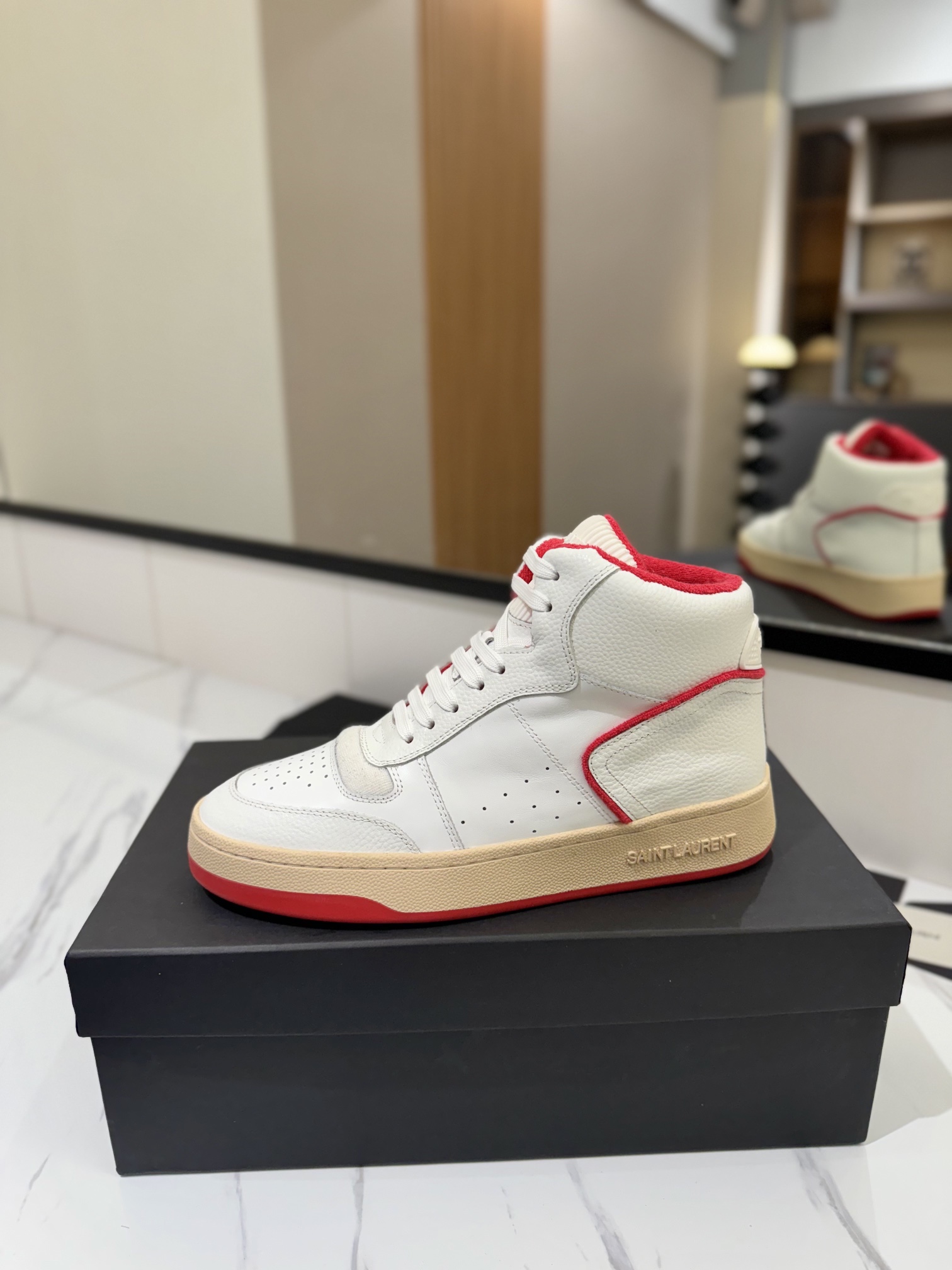 YSL SL61 Leather High-Top Sneakers White/Red