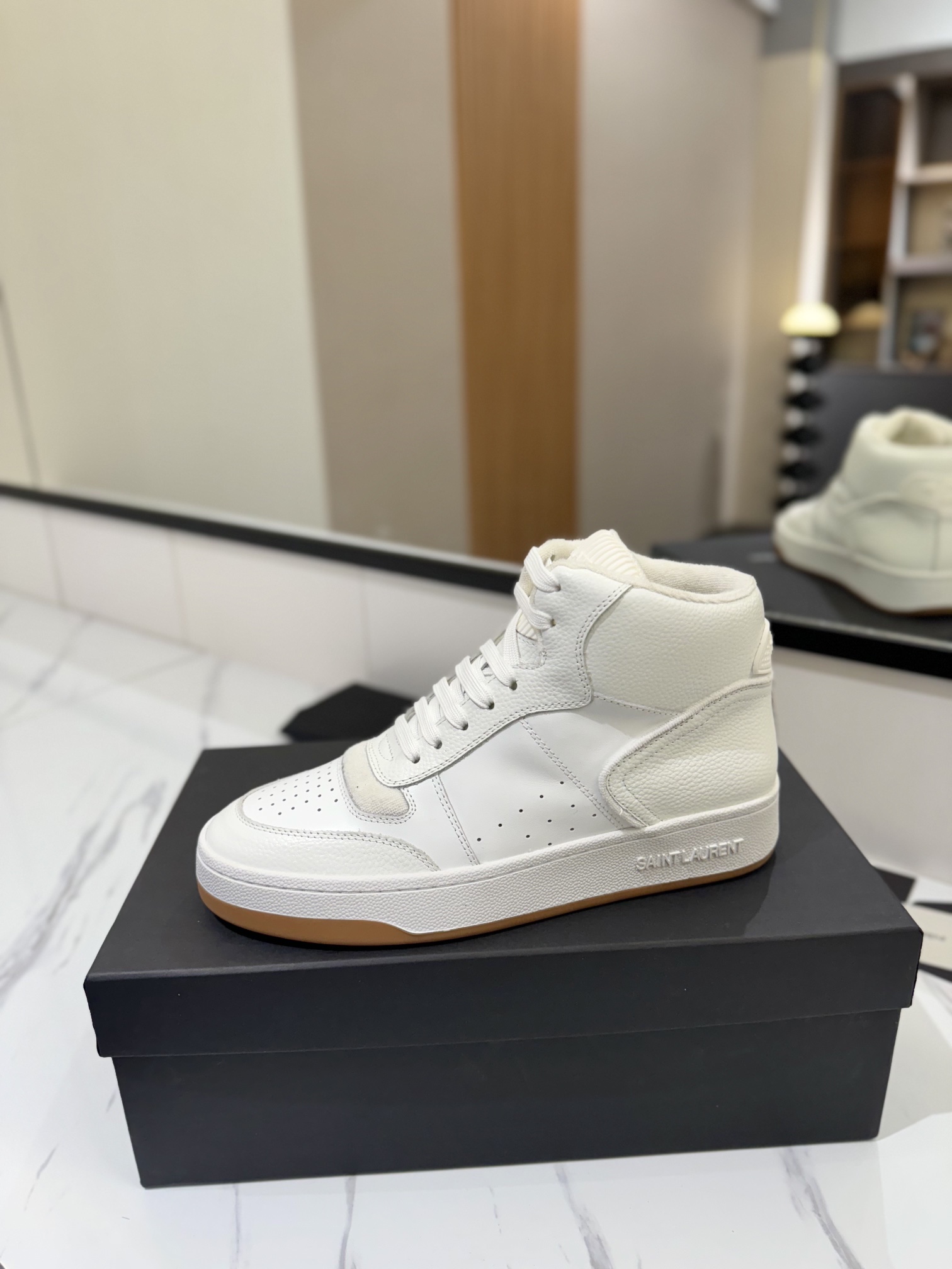 YSL SL61 Leather High-Top Sneakers White